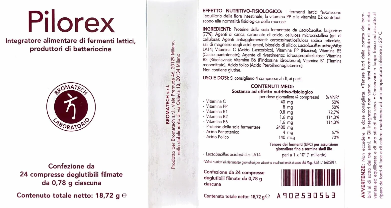 Bromatech Pilorex Integratore Alimentare Fermenti Lattici 24 Compresse 0,78 g
