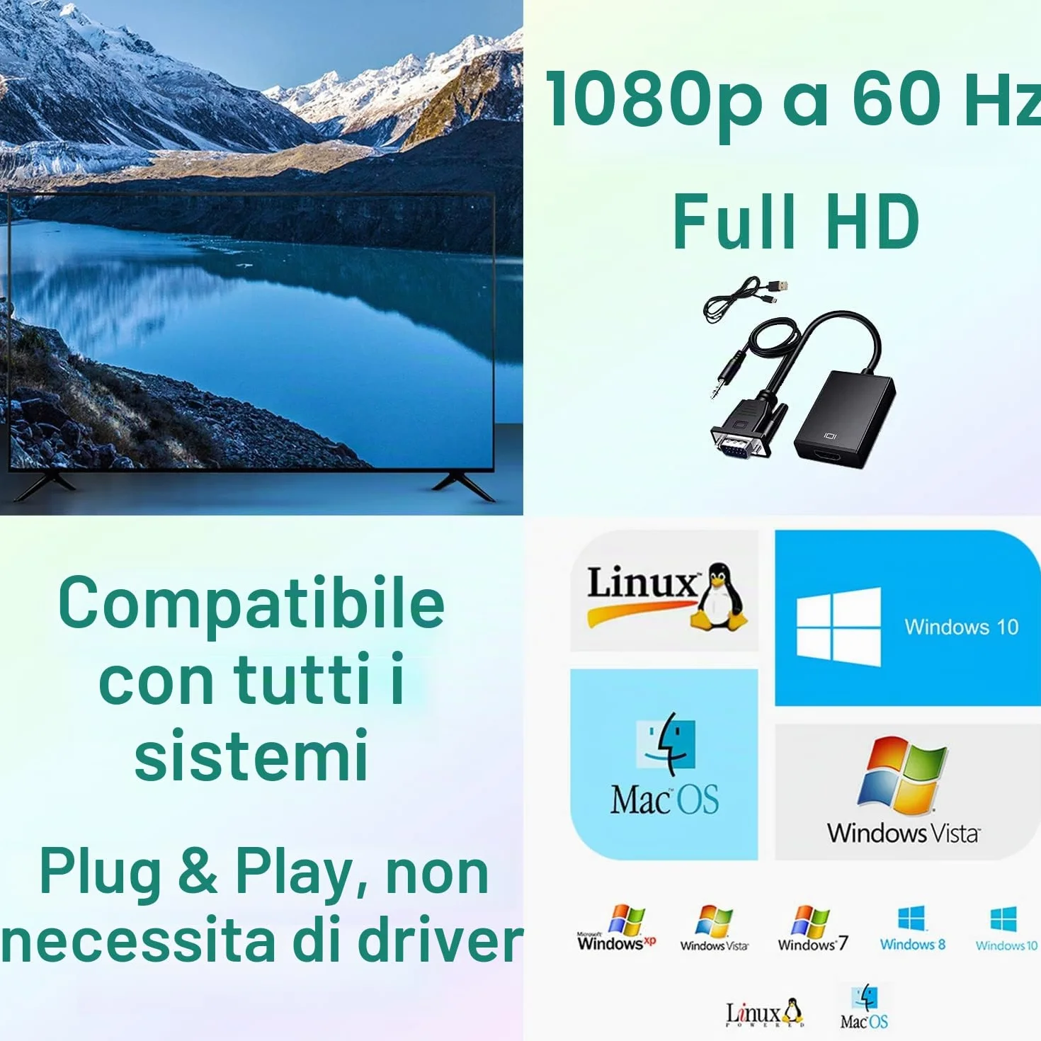 Adattatore da VGA a HDMI 1080P con Audio Video, Converter Adapter vga Maschio a hdmi Femmina Connettore per Collegamento di Laptop, Proiettore, PC, TV Box, Monitor