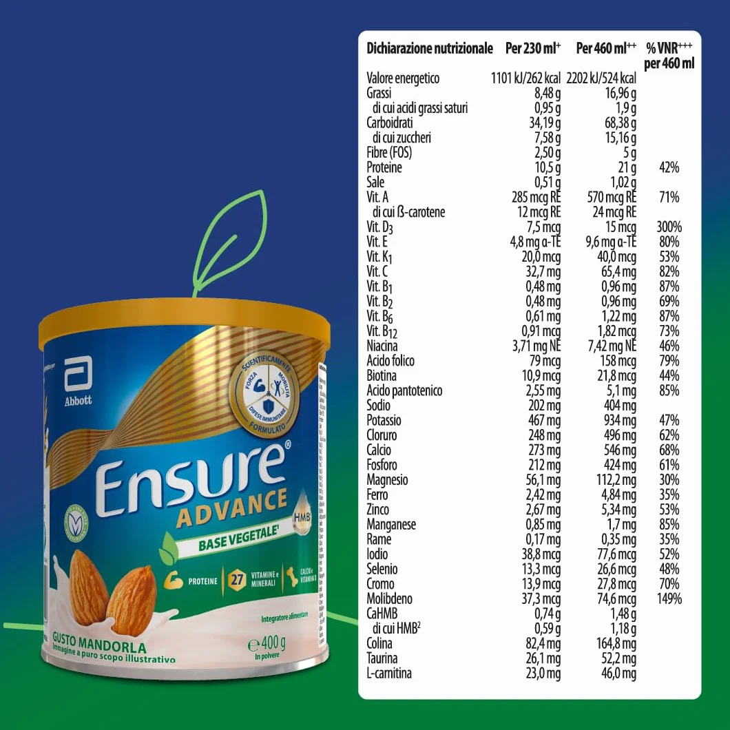 Integratore in polvere Proteine Vegetali 27 Vitamine Minerali Calcio HMB 400g Gusto Mandorla