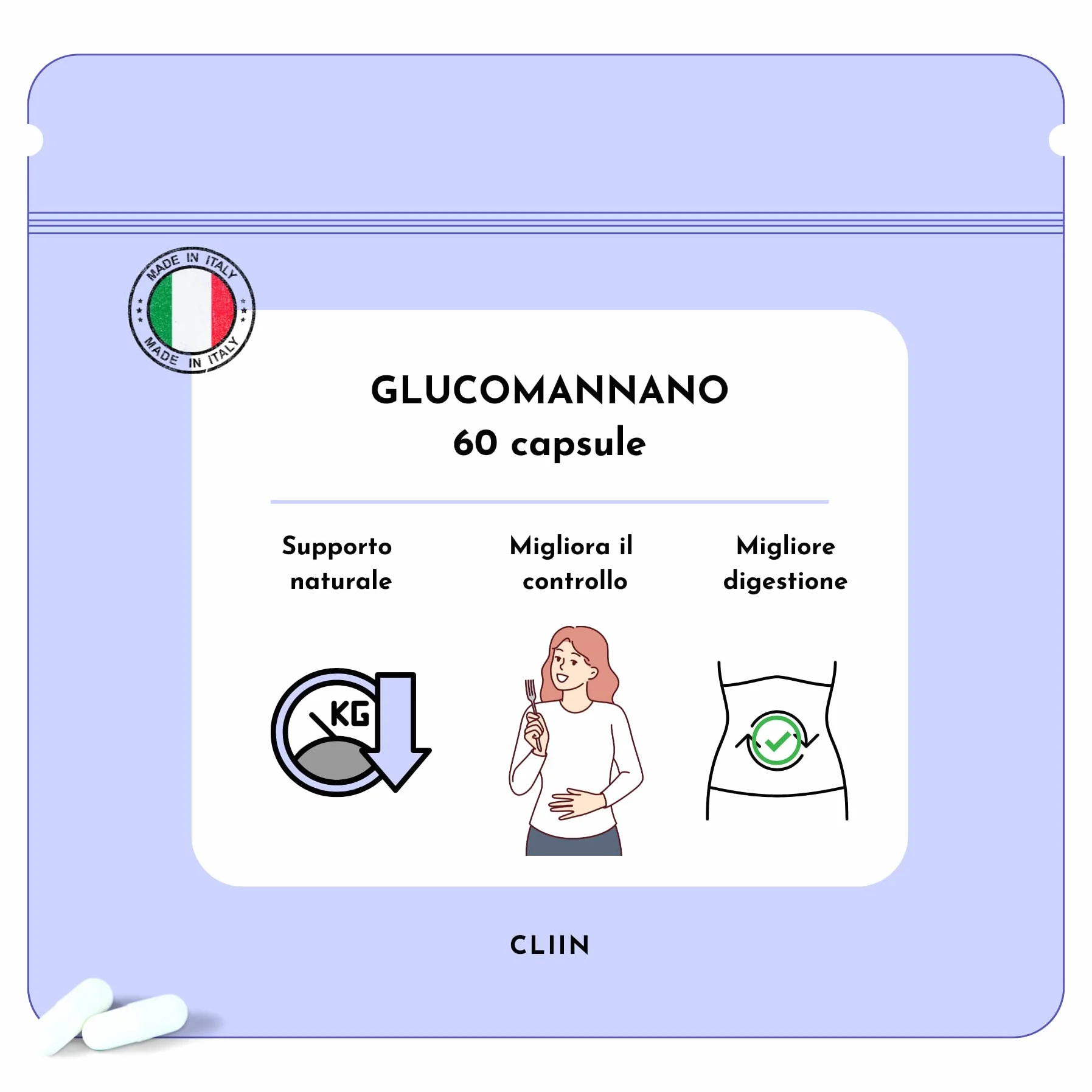 Integratore alimentare Glucomannano 60 capsule Fibre naturali Made in Italy