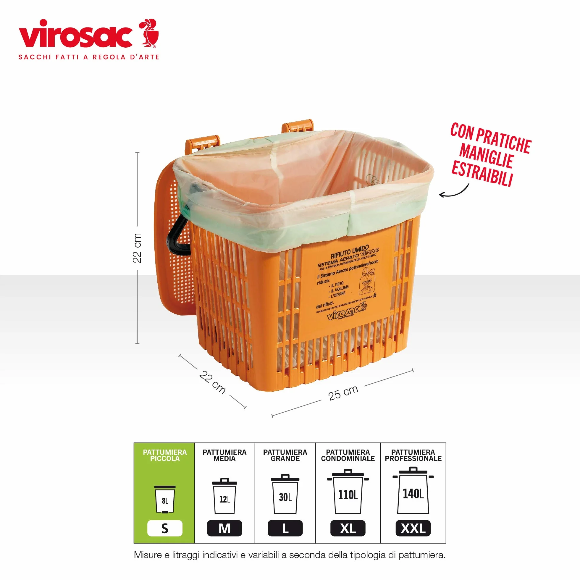VIROSAC Biopratico Sacchetti Rifiuti Biodegradabili 35x42 con Maniglie 30 Pezzi