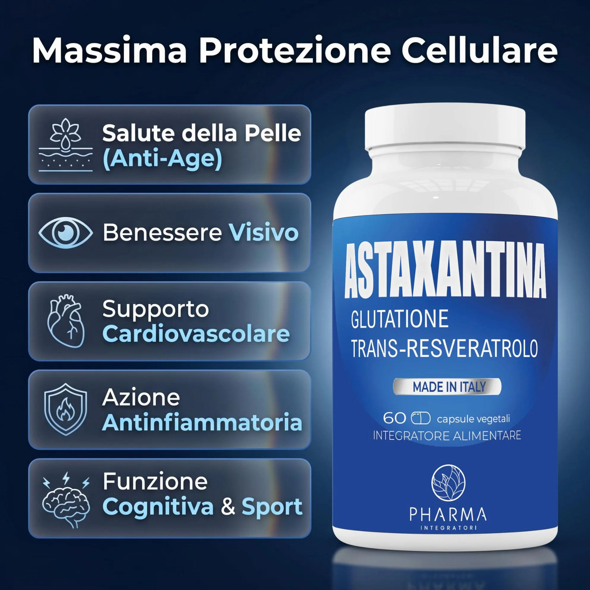Astaxantina 8 mg Integratore con Resveratrolo e Glutatione Capsule 60