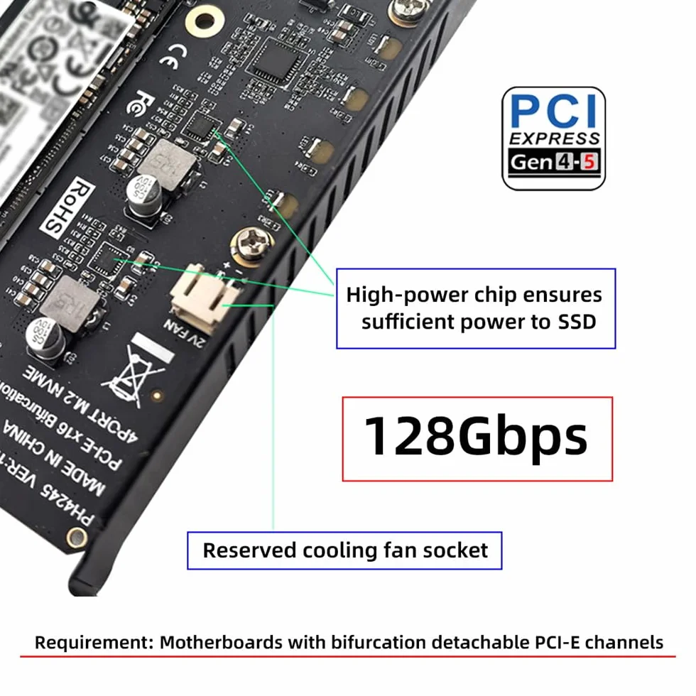 xiwai Adattatore SSD NGFF 4X NVME M-Key M.2 per scheda Raid PCIE Express 5.0 Gen5 Gen4 X16 con biforcazione staccabile VROC Raid0 Hyper