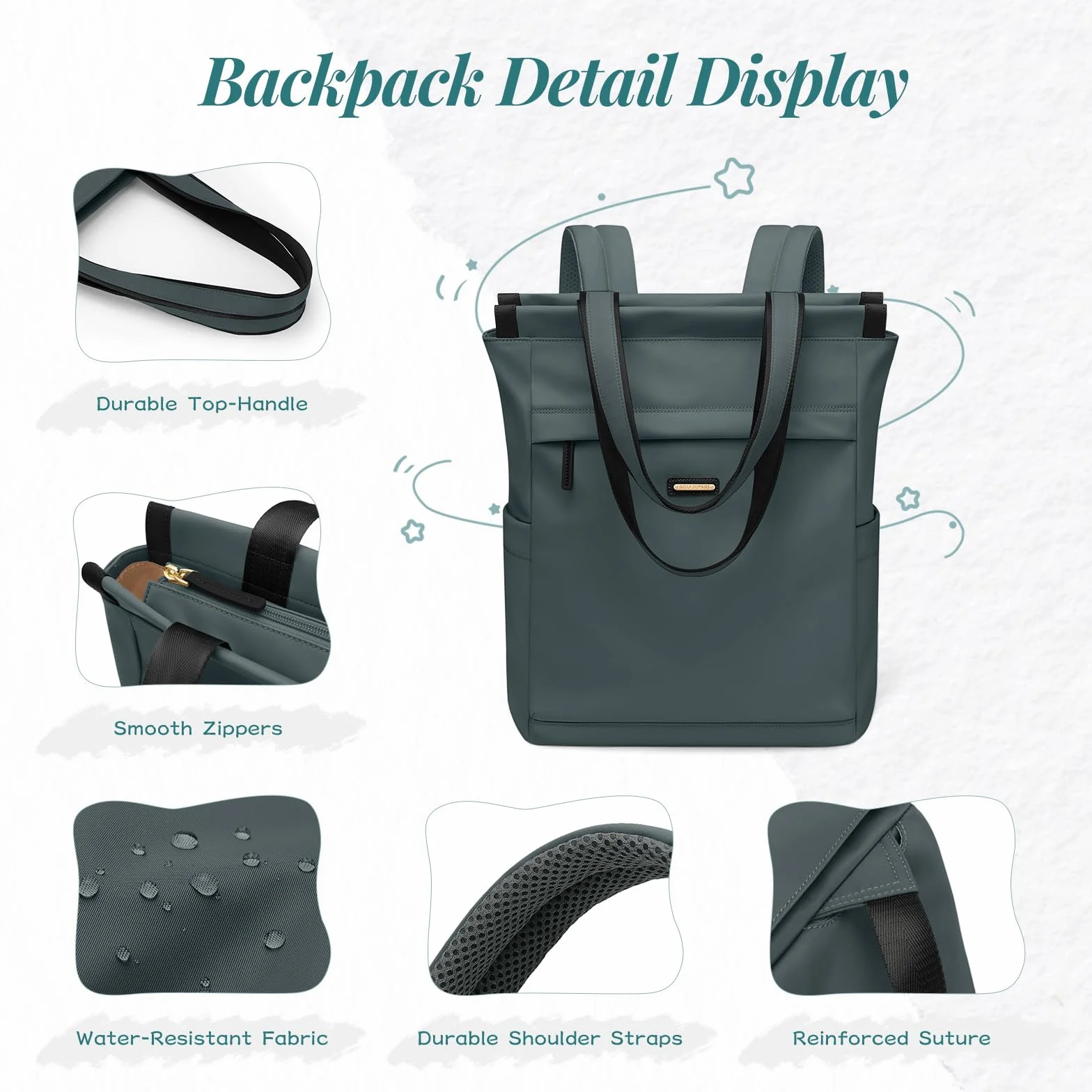 GOLF SUPAGS Borsa per Notebook Convertibile, Zaino per Laptop da Donna con Scomparto per Laptop, Borsa a Tracolla Viaggio Moda Casual da 15.6 Pollici, per Università, Lavoro (Verde Scuro)