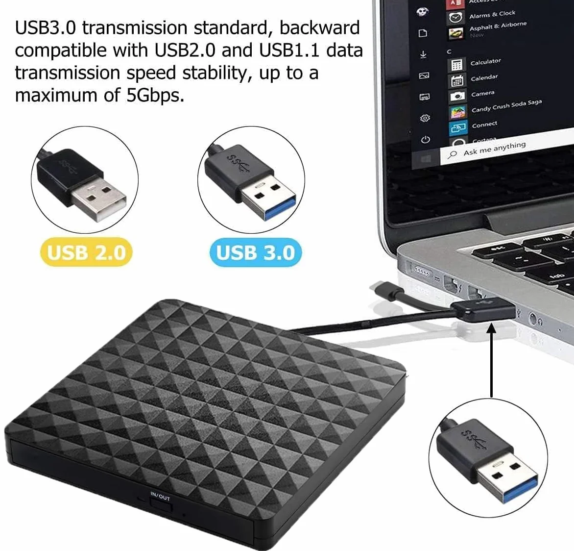 XIAOXIN Lettore CD DVD esterno USB 3.0, masterizzatore registratore DVD esterno ultra sottile portatile per PC, laptop, macbook, compatibile con Windows 10 8 7 XP Vista Mac OS