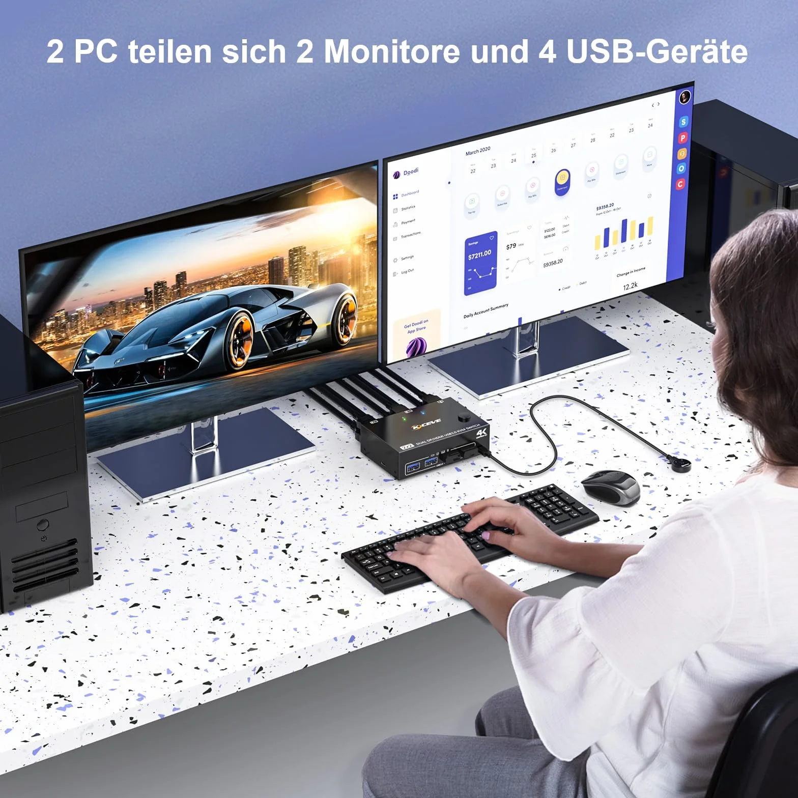 USB 3.0 HDMI + DisplayPort Switch KVM 2 PC 2 Monitor 4K@60Hz 2K@120Hz, MLEEDA KVM Switch Dual Monitor con 4 Porte USB 3.0 per Tastiera, Mouse, Dotato Telecomando Cablato e Cavi