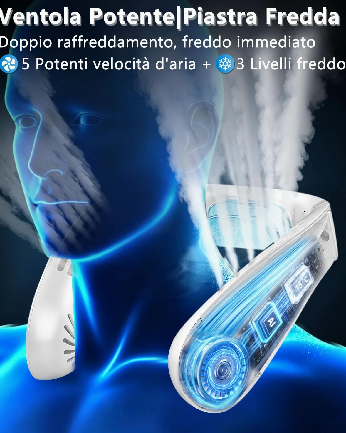 Ventilatore da Collo Sportivo con Raffreddamento, Neck Cooler Portatile e Silenzioso con 3 Temperature e 5 Velocità, Batteria 5500mAh Autonomia 15 Ore, LED, per Corsa, Ciclismo e Fitness Outdoor