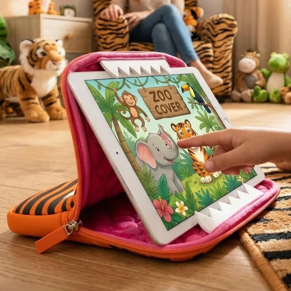 Zoo Cover: Custodia Tablet 10 Pollici Bambini Imbottita Antiurto Morbida Zip Sicura Protezione Completa per Scuola Viaggio (Tigre)