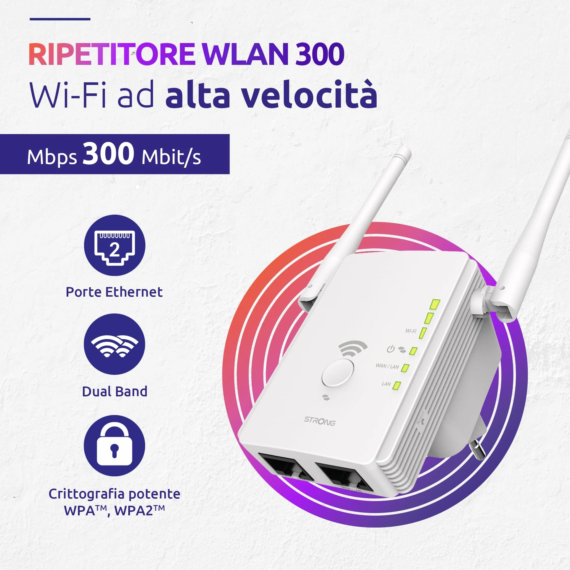 STRONG - Ripetitore WiFi 300 v2 - Amplificatore di Segnale Veloce - Fino a 300 Mbps - Compatibile con tutte le Modem/Router - Casa e Ufficio - Installazione Facile Plug & Play - Bianco