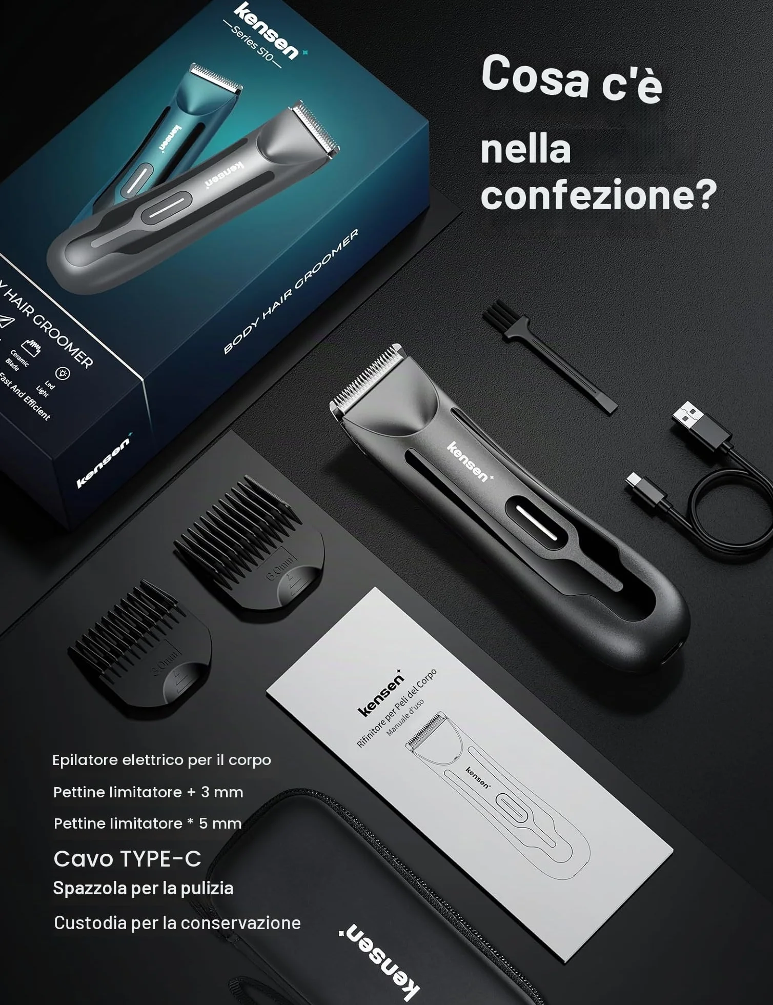 KENSEN Rasoio Elettrico Barba Depilatore Corpo Uomo LED Umido Asciutto RFCD-9088