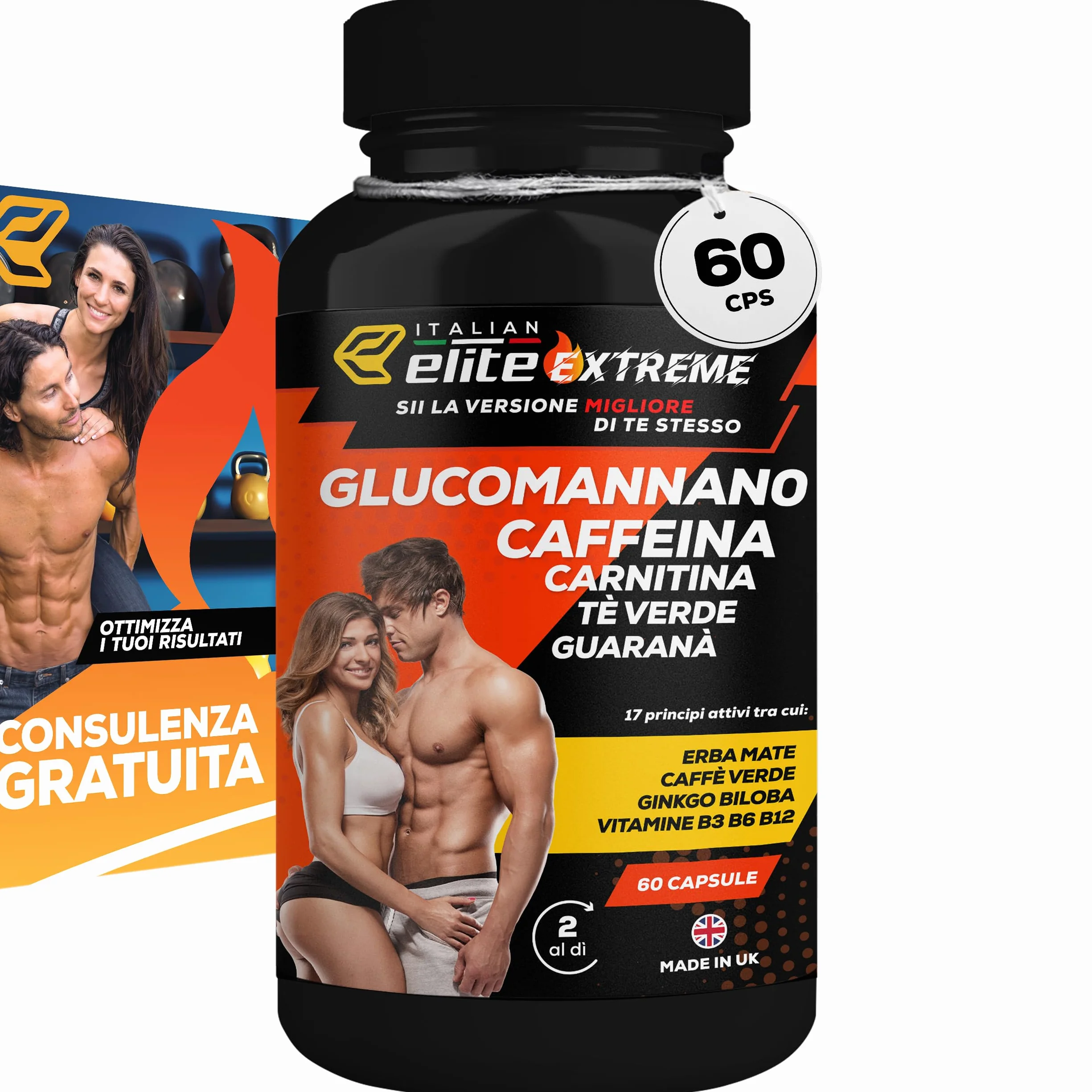 Italian Elite Elite Extreme 60 Capsule Integratore Alimentare Caffeina Tè Verde Carnitina Glucomannano Aceto di Mele Guaranà