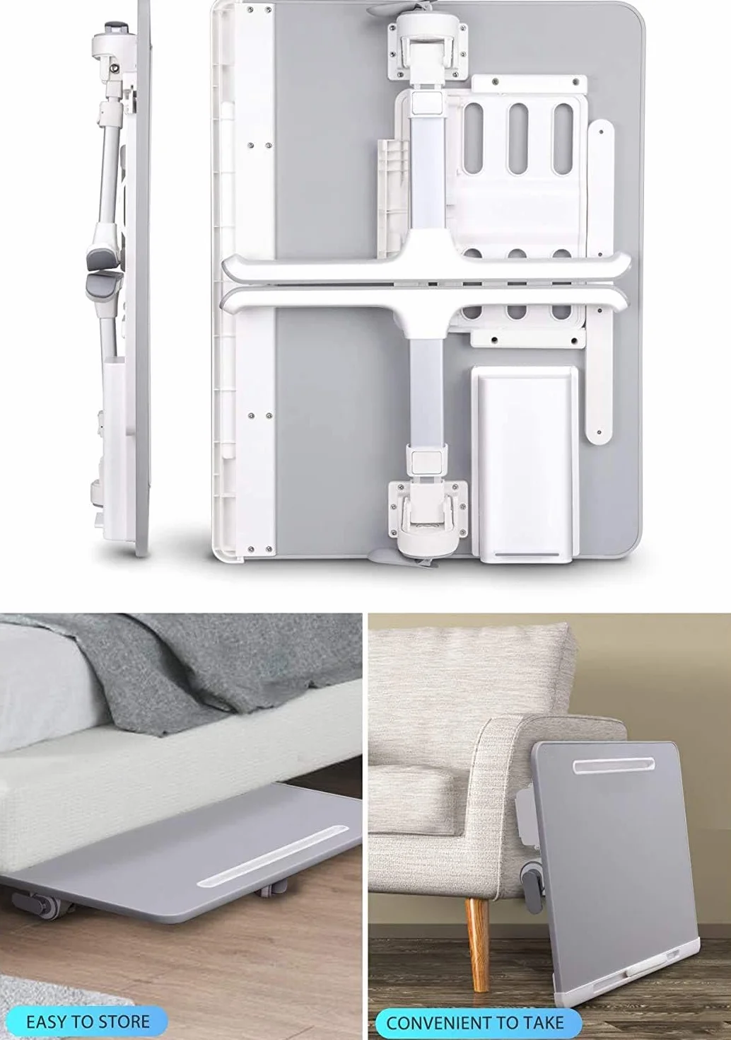 SAIJI - Tavolo per computer portatile e desktop, multi-funzione, altezza regolabile, supporto per libri e tablet, cassetto, pavimento del letto (grigio, 60 x 45 cm)