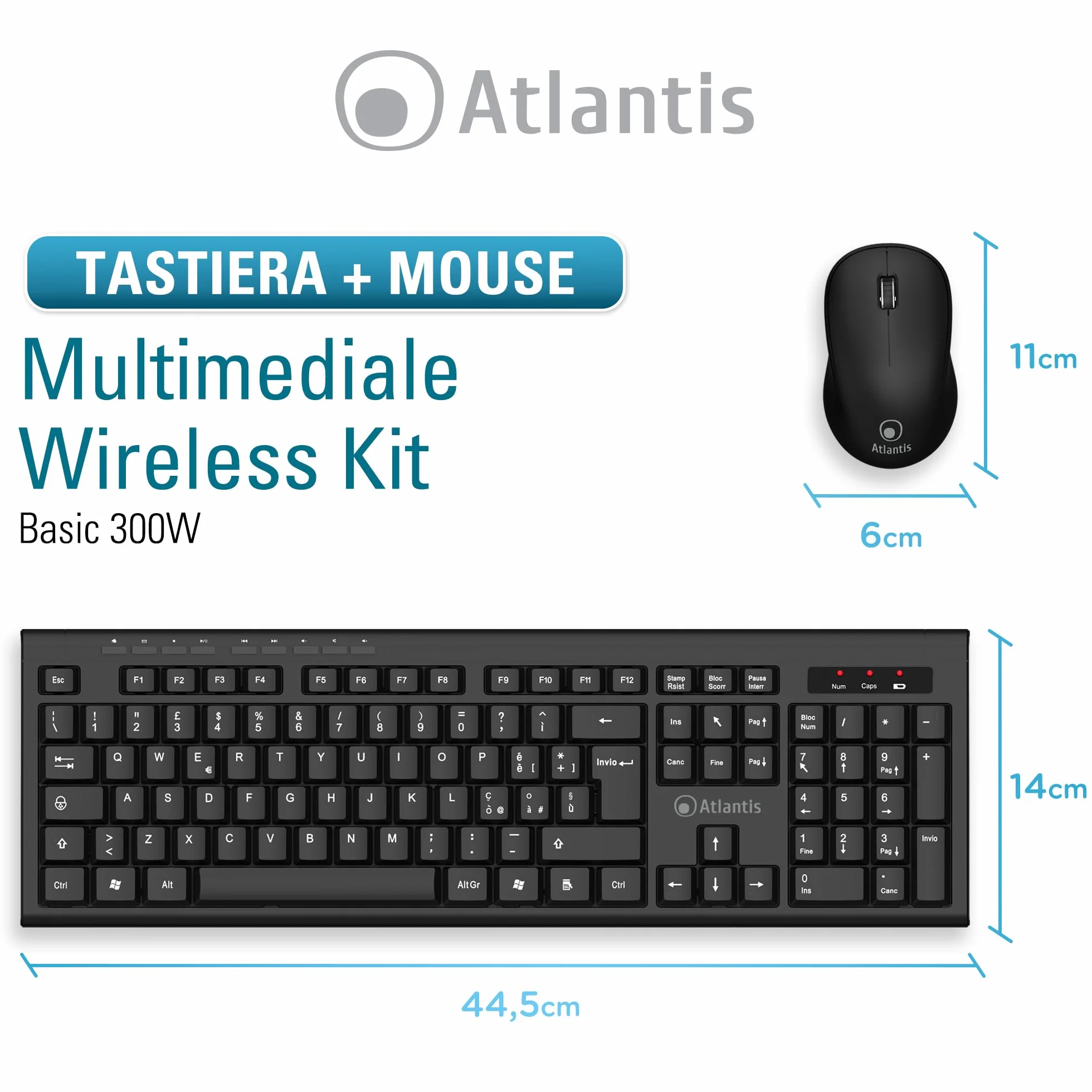 Atlantis Combo Kit Tastiera e Mouse Wireless senza fili, Multimediale, Layout Italiano QWERTY, 9 Tasti di scelta rapida, per PC/Laptop/Notebook, ricevitore USB unico, cod. P013-AX280G+M, Nero.