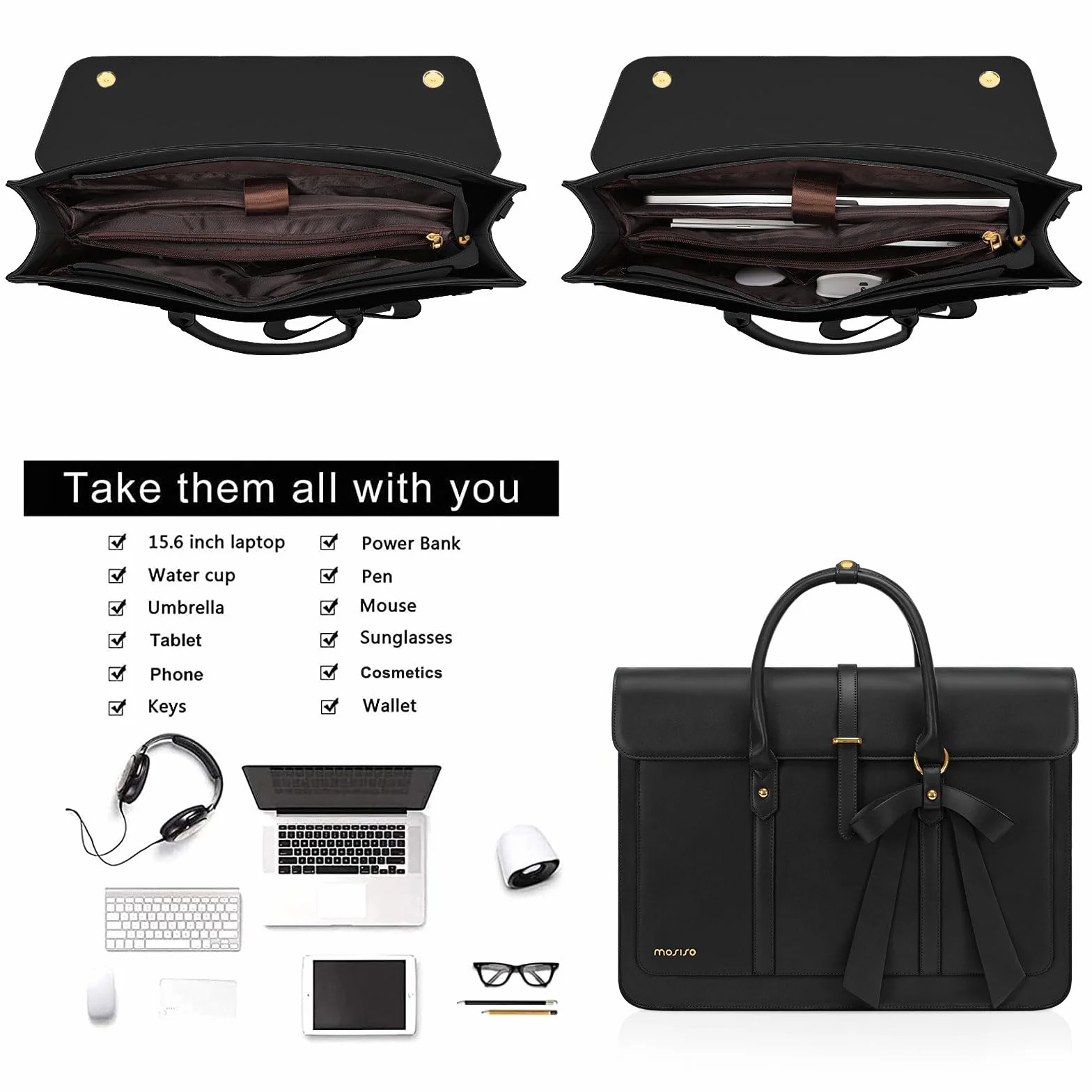 MOSISO Borsa Porta PC Donna,15-15,6 Pollici Laptop in Pelle PU Borsa a Tracolla Convertibile,16 Pollici Borse Messenger Casual Lavoro Viaggio Computer Custodia con Nodo a Fiocco,Nero