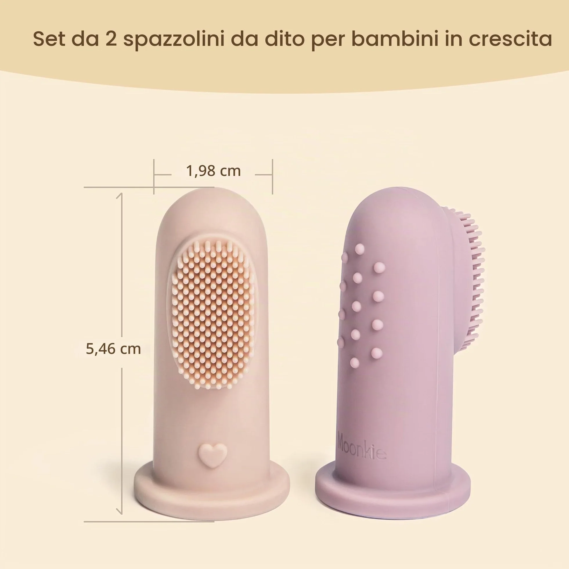 Moonkie Spazzolino Per Neonati 2 Pezzi Ditale In Silicone Senza BPA Pulizia Delicata Dei Denti E Massaggio Gengive Accessorio Per Igiene Orale 3+ Mesi Blush Viola Pallido