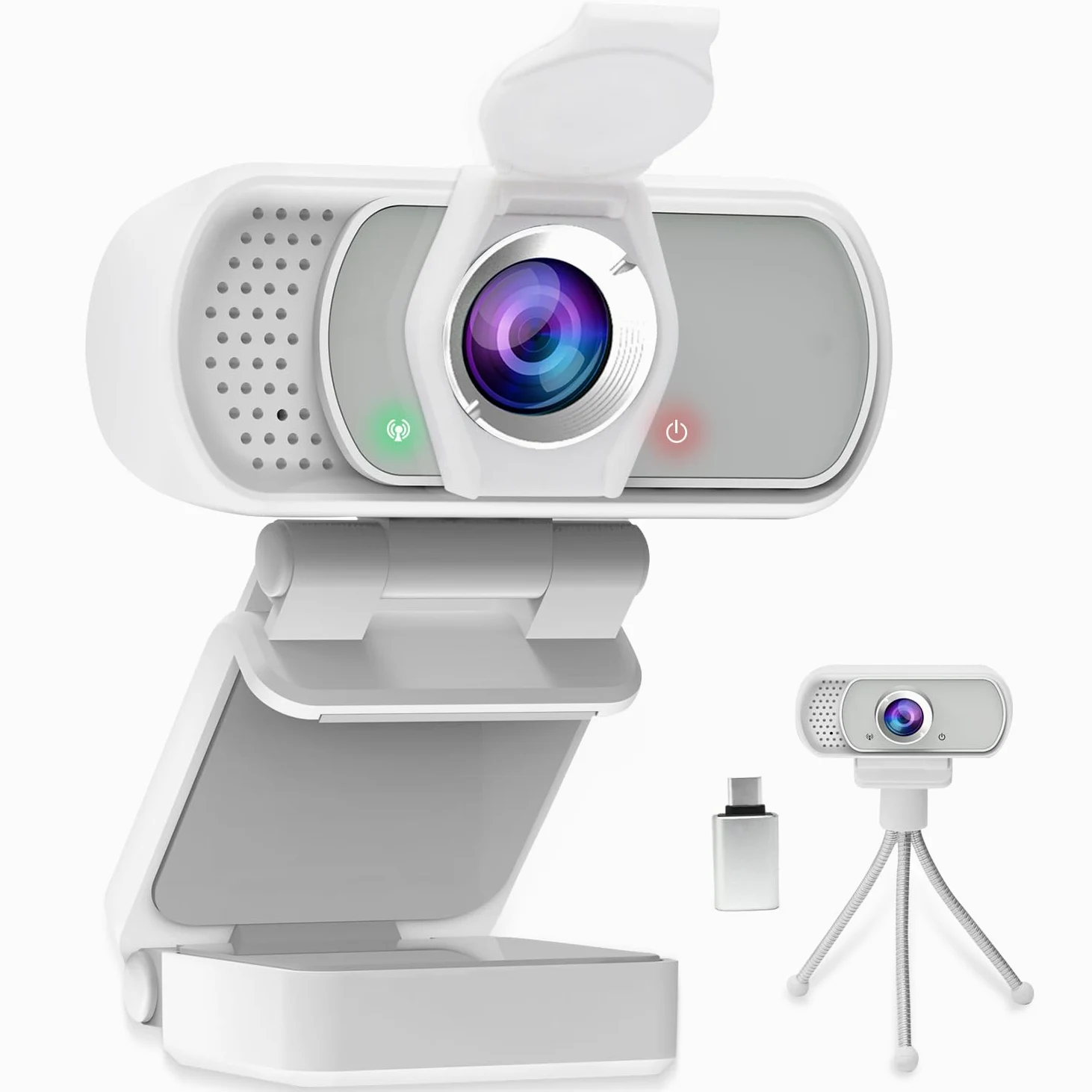 Webcam per PC, webcam HD 1080P con microfono, grandangolo a 110°, USB Plug & Play, cancellazione del rumore per videochiamate, streaming, giochi, otturatore per privacy integrato e treppiede