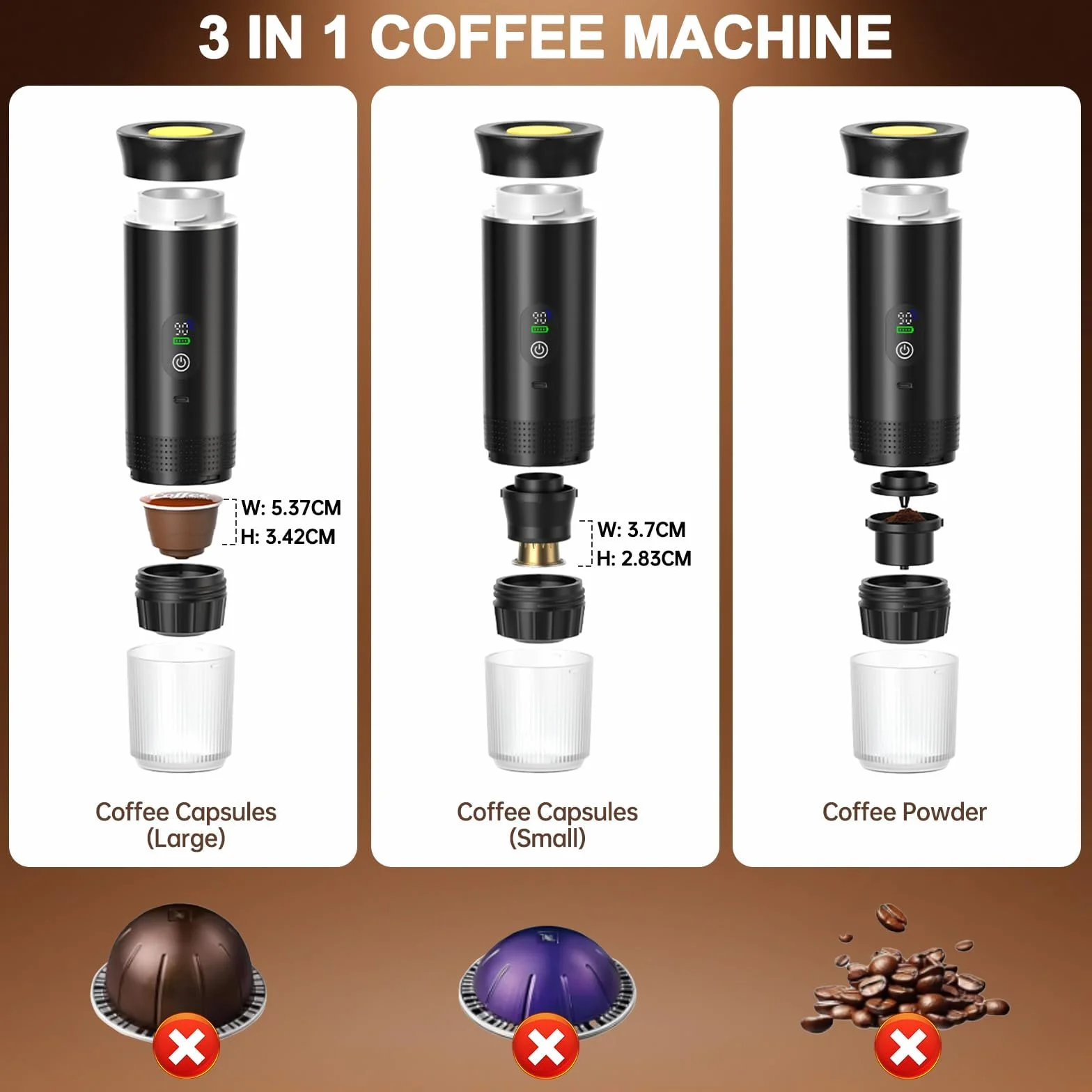 Macchina da Caffè Portatile 3 in 1 con Display Temperatura, 80ml Acqua 20 Bar Modalità Caldo/Freddo, USB-C 7500mAh, Compatibile con Capsule e Caffè Macinato