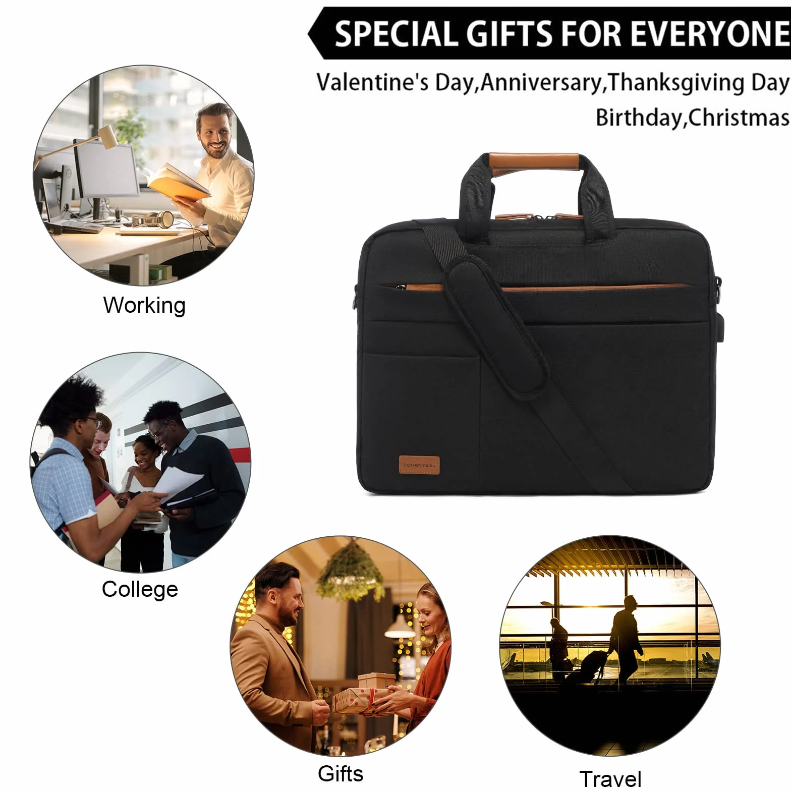 LOVEVOOK borsa per laptop 17 pollici borsa per laptop impermeabile da uomo borsa per notebook valigetta per affari/viaggi/lavoro, nero