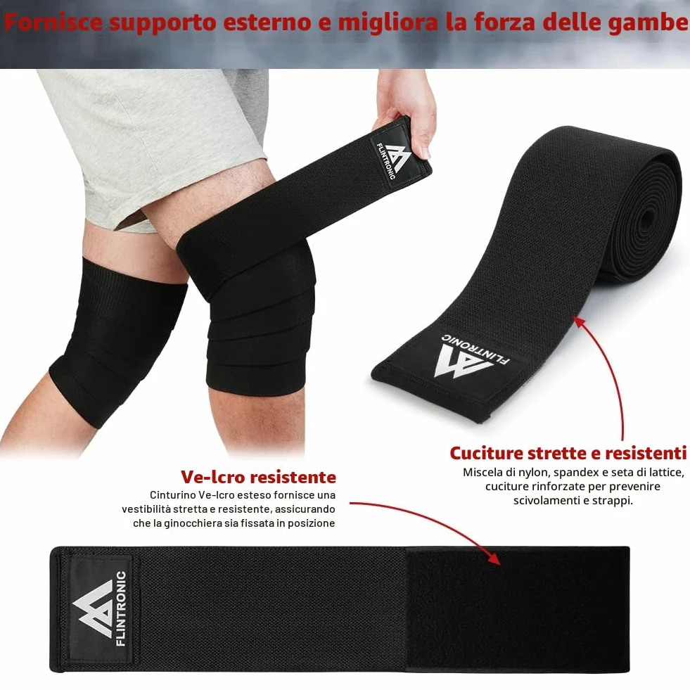 Flintronic Ginocchio Fascia Powerlifting 200cm Pesistica Fasce Elastica Bendaggio Tutore Ginocchiere Palestra Squat Allenamento Nero