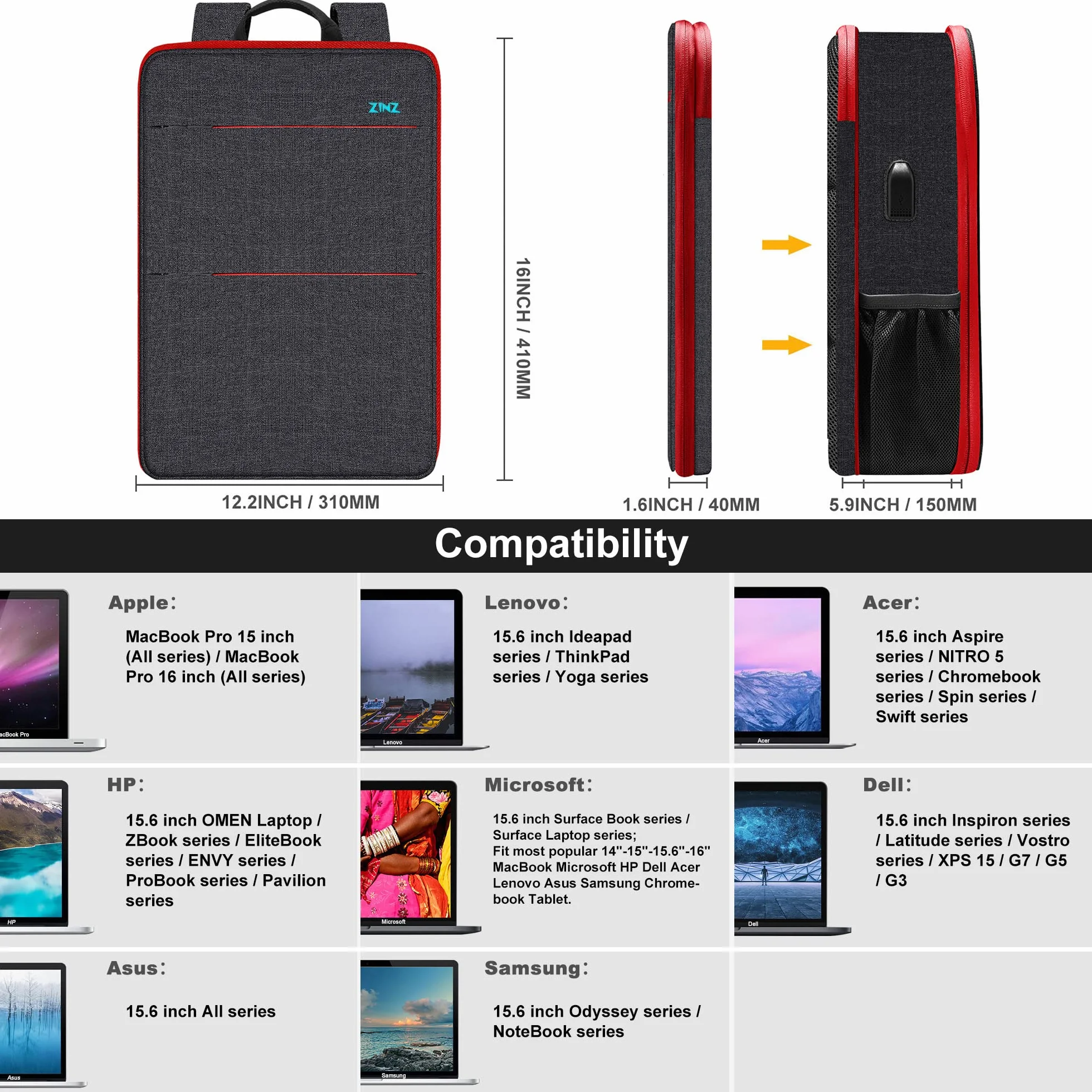ZINZ Zaino per Laptop Sottile ed Espandibile, Resistente all'acqua, Compatibile con MacBook Pro 16" 2026-2019 M4 M3 M2 M1, Mac da 15,4" e la Maggior Parte dei Notebook da 15"-16", B01RD01