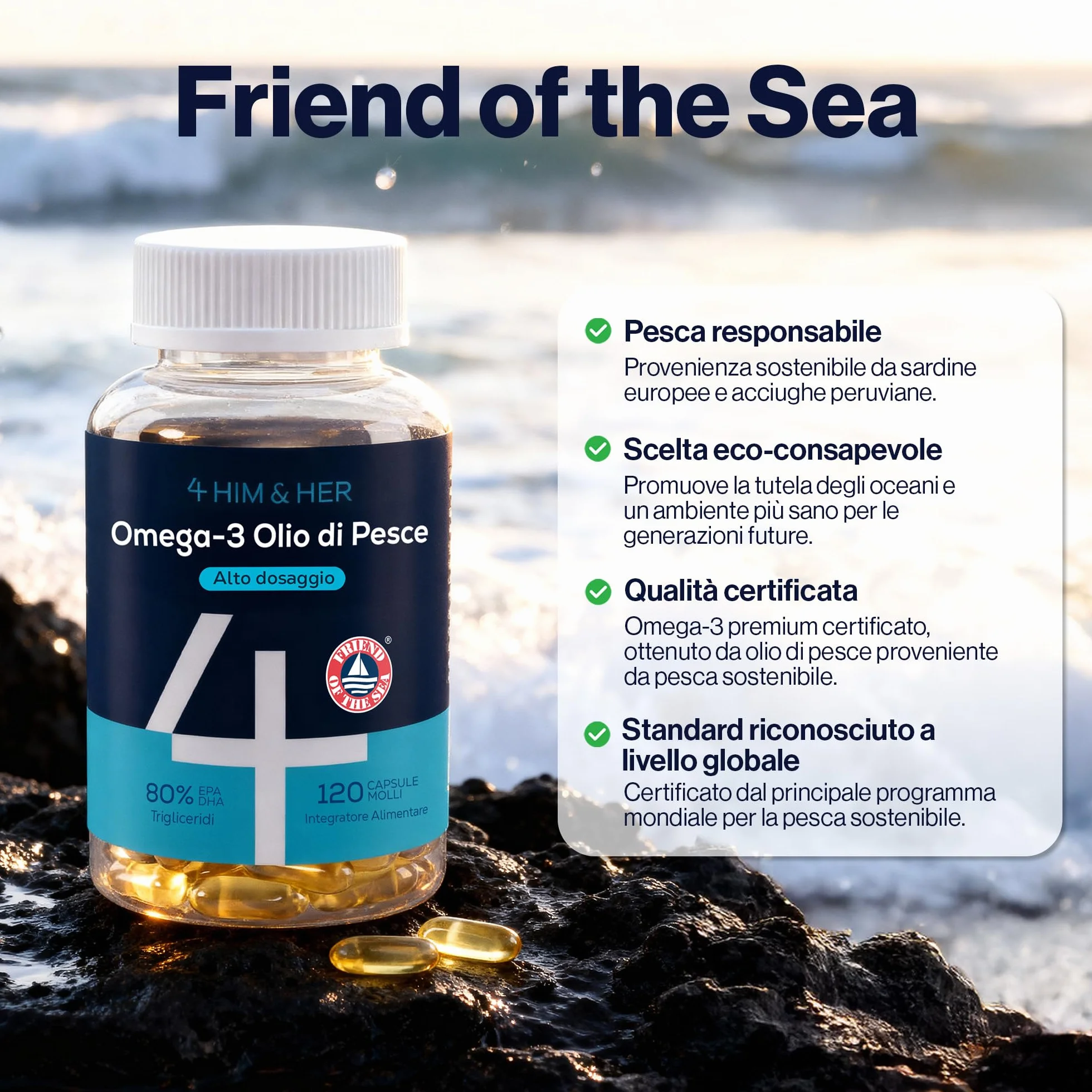 Omega 3 1334mg Alto Dosaggio 120 Capsule – Olio di Pesce – 668mg EPA, 500mg DHA – 80% rTG – FOS Certificato
