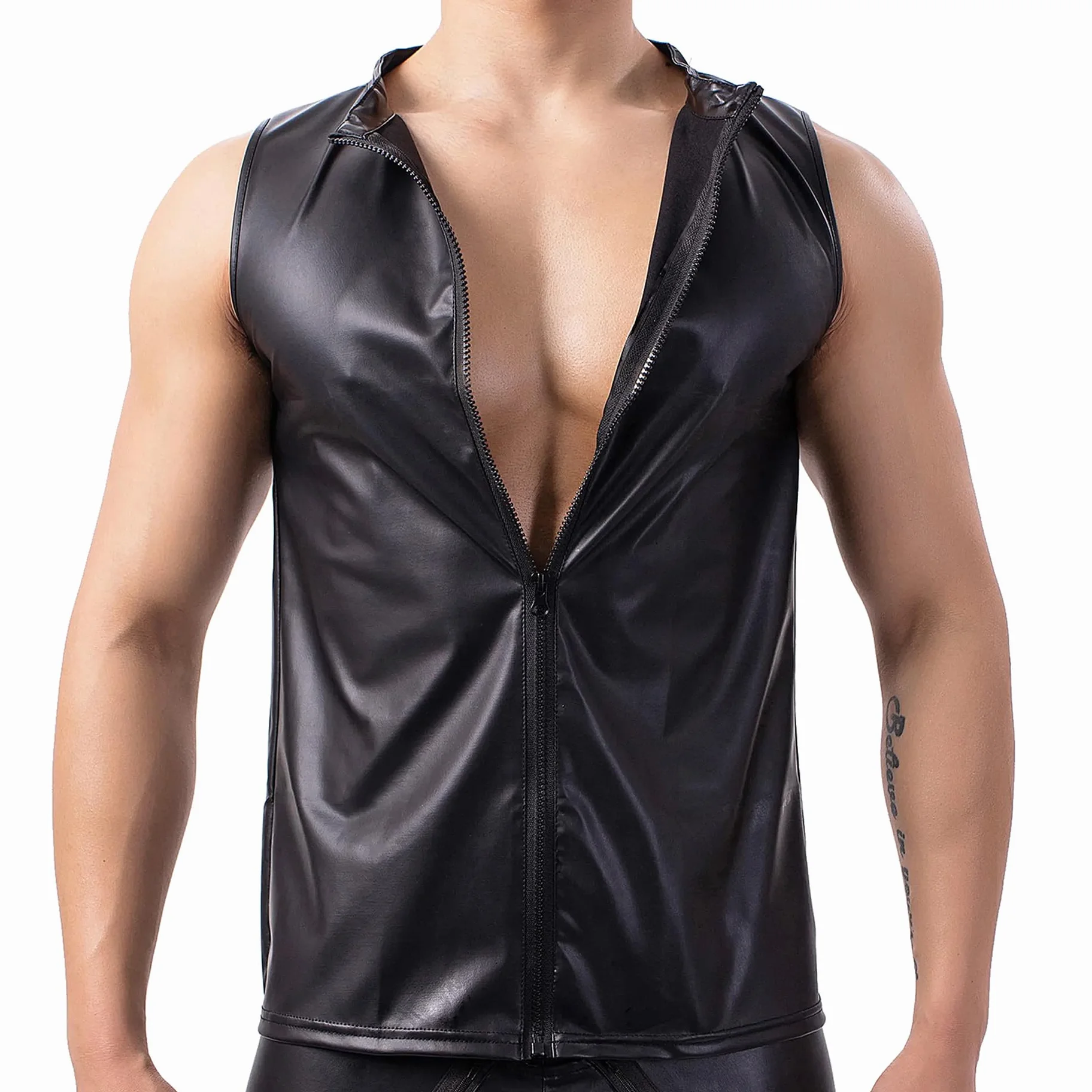 Maglietta da uomo in lattice nero effetto bagnato senza maniche pelle opaca erotica