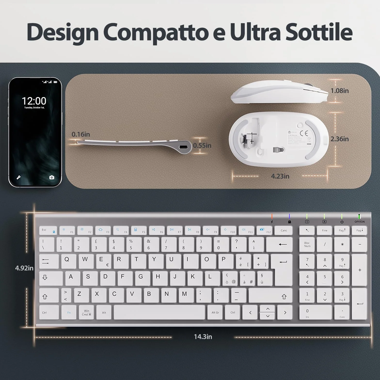 iClever Tastiera e Mouse Wireless portatile 2.4G, Ricaricabile tastiera wireless usb, silenziosa tastiera ergonomica Design Dimensioni Regolari Sottile Connessione Stabile DPI Regolabile