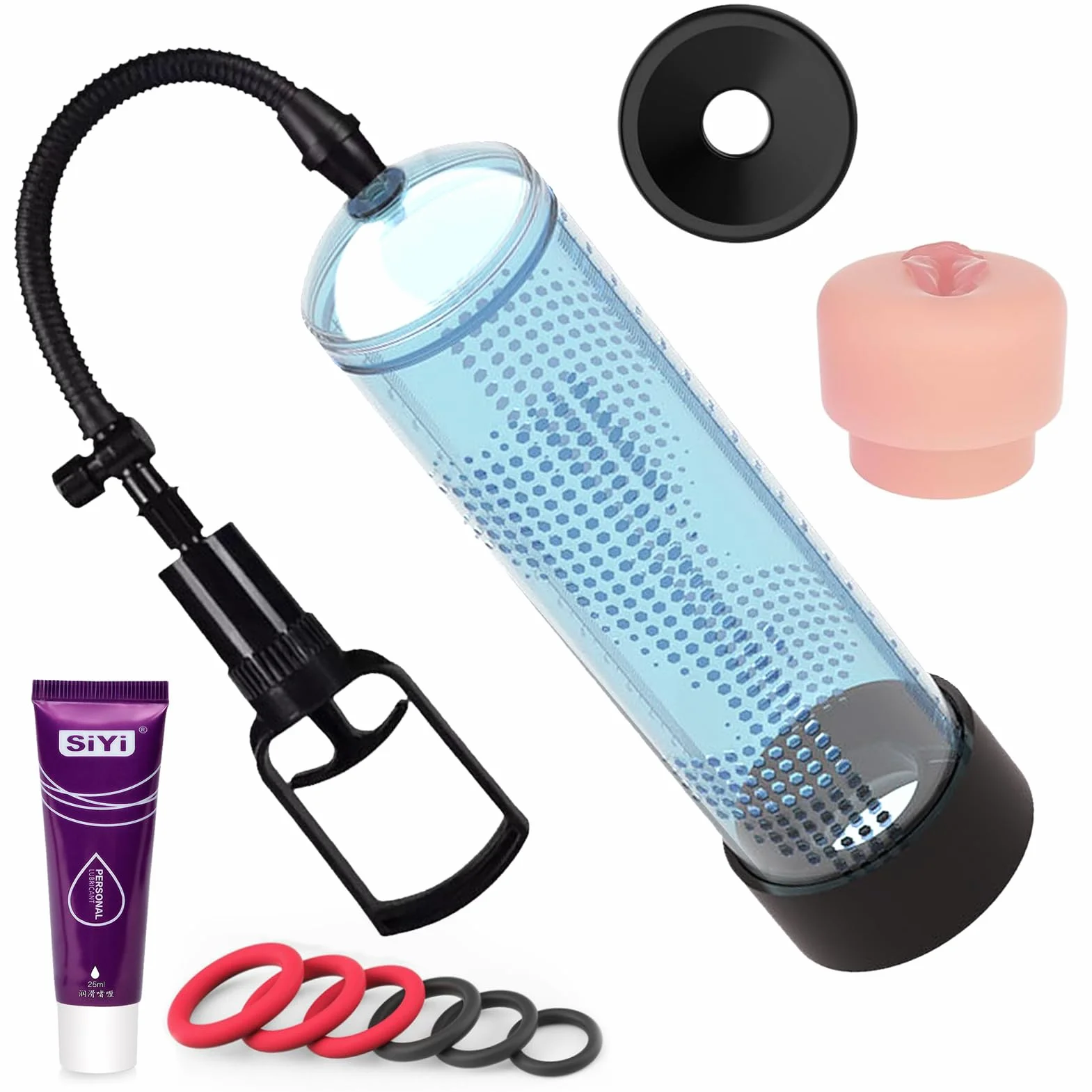 Pompa a Vuoto per Uomo con 6 Anelli di Costrizione e 2 Basi in Silicone Morbido - ABS - Include Gel Lubrificante