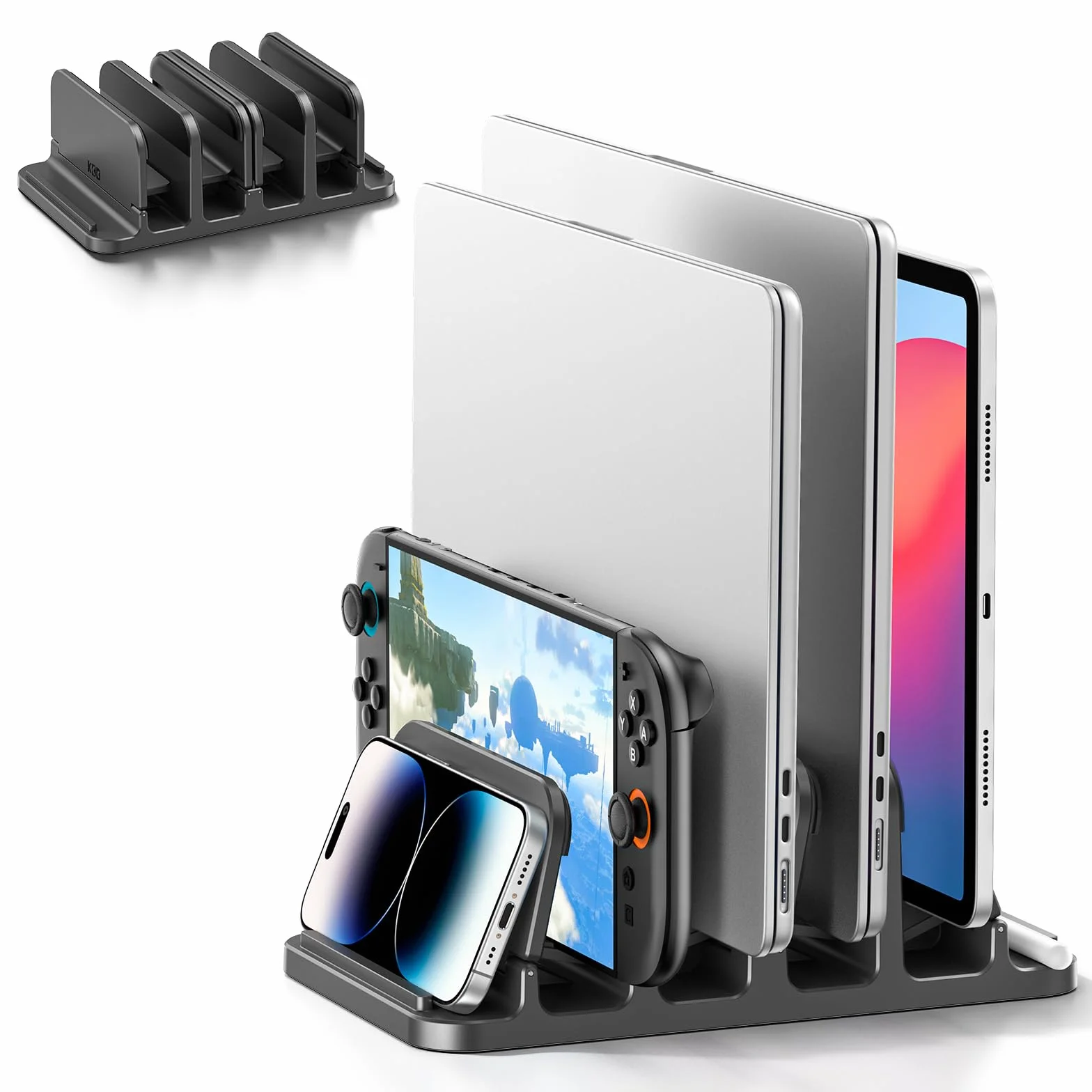KDD Supporto Verticale Laptop con 3 Scanalature & Chiusura a Gravità, 6 in 1 Porta PC Portatile da Scrivania Salvaspazio per MacBook/Surface/Samsung/HP/Dell/Book/Tablet/Switch e Telefono Cellulare