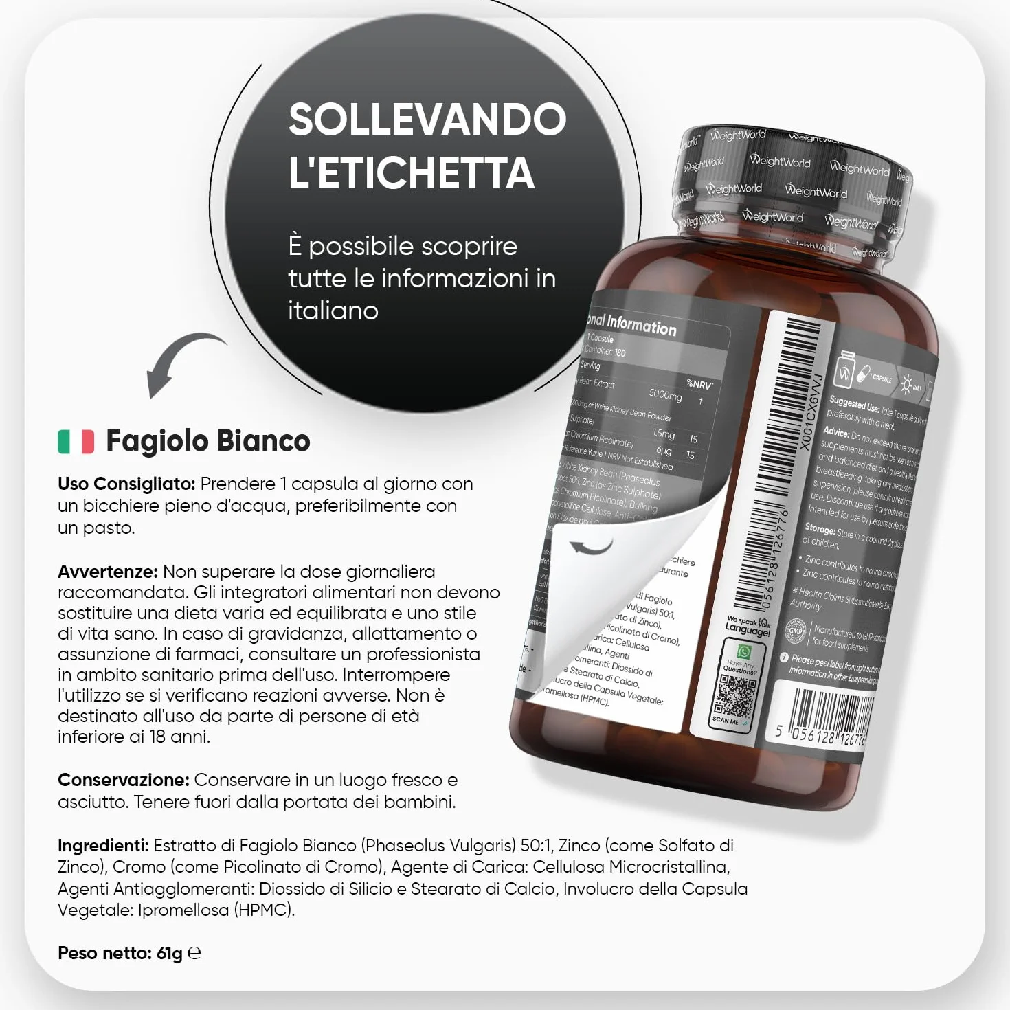 Estratto Fagiolo Bianco Vegano 5000mg 180 Capsule (6 Mesi) Zinco Cromo Senza Magnesio Stearato