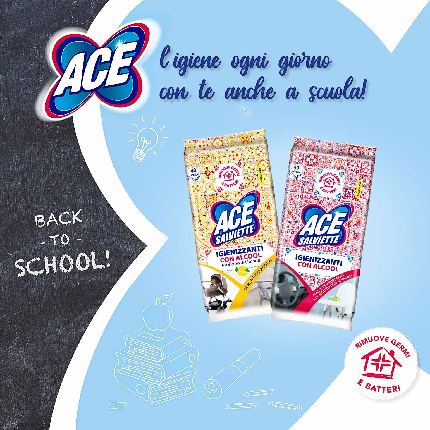 Ace Salviette Igienizzanti Azione Sgrassante, 40 Salviette