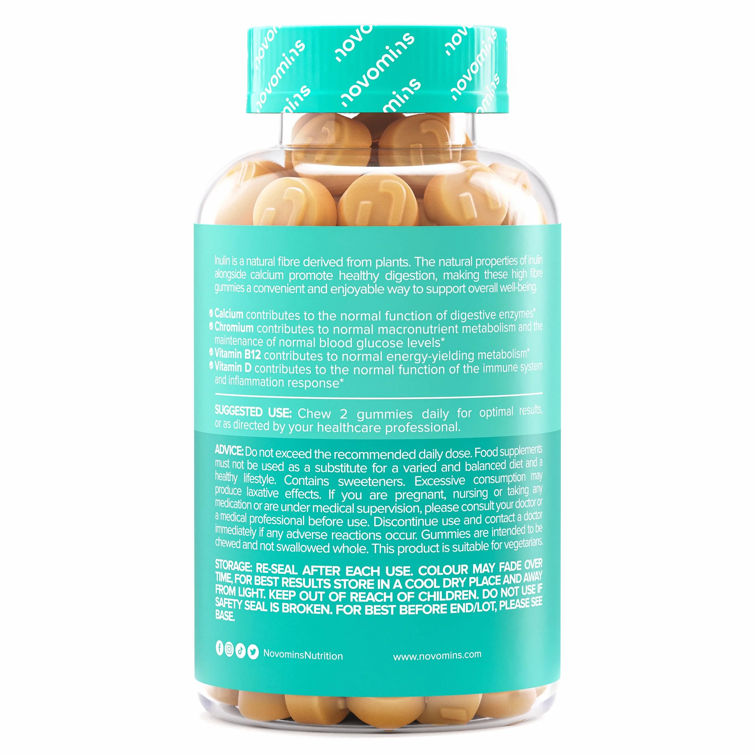 Novomins Fibre Gommose 4000 mg Inulina con Calcio, Cromo, Vitamina D e B12 - 60 Gommose Gusto Arancia