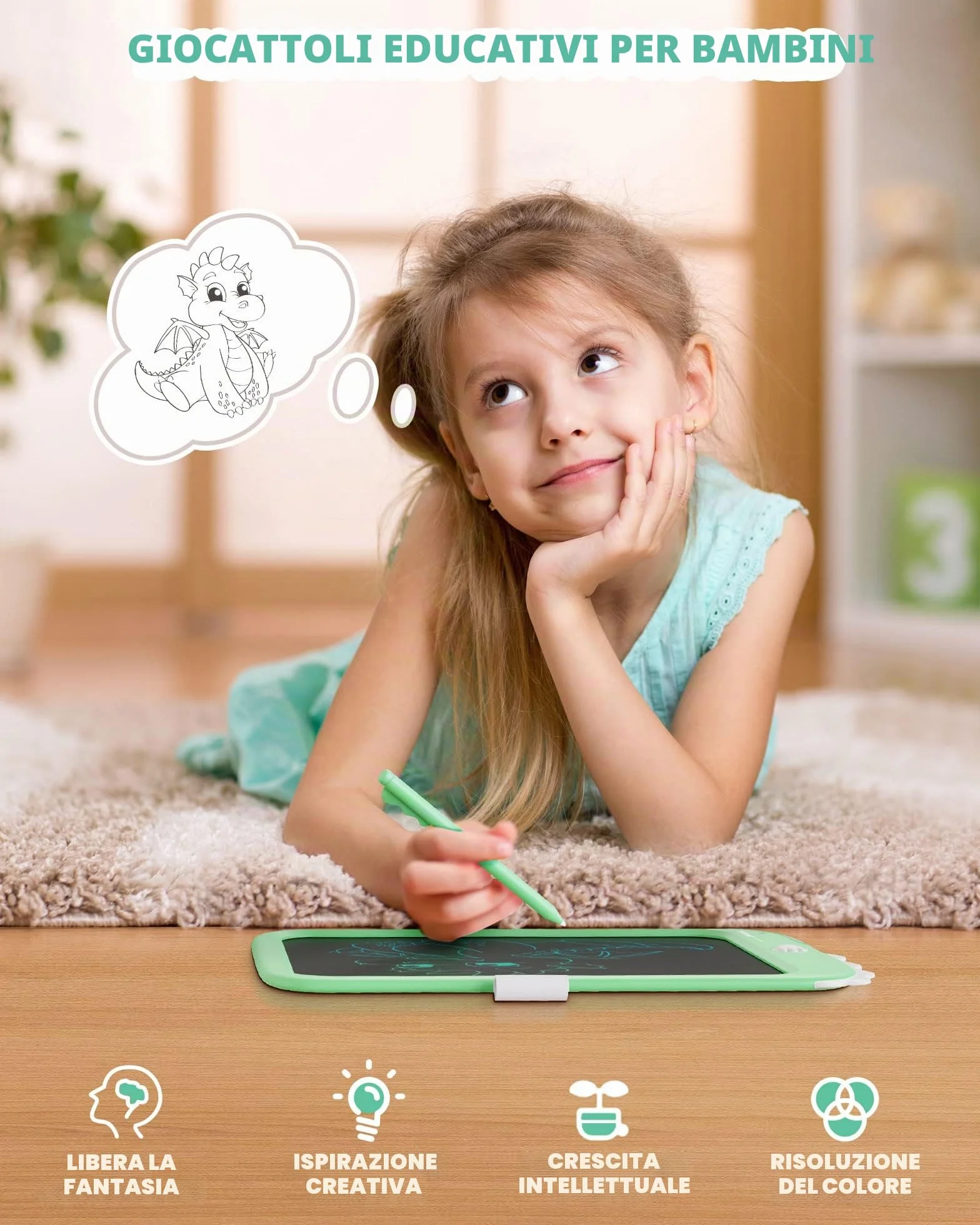 Lavagna LCD Giocattolo Unicorno 10 Pollici Blocco da Disegno Portatile Regalo Educativo Bambini 3-7 Anni Verde