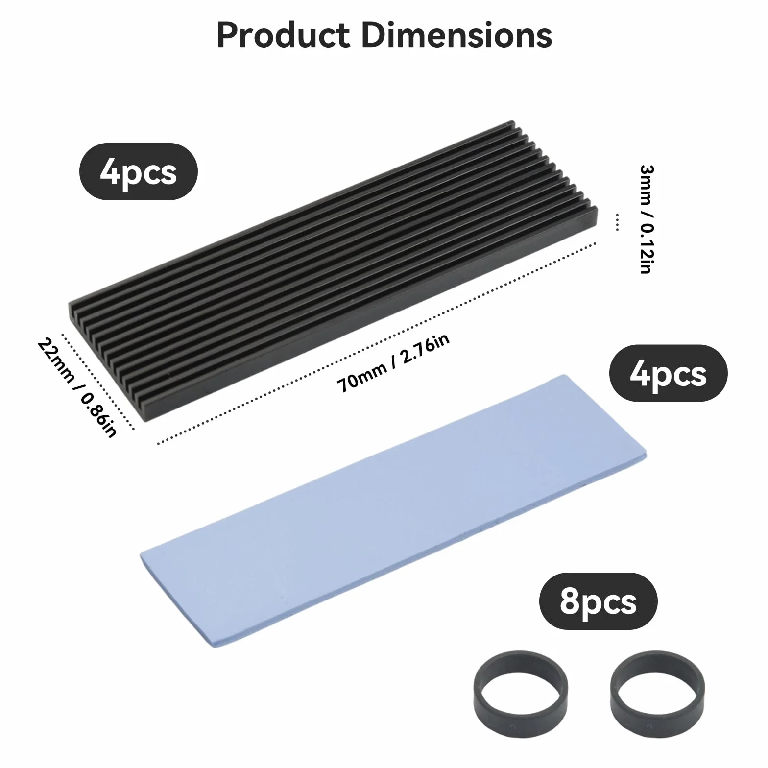 OTraki 4 Pezzi Dissipatore di Calore SSD M.2, 5,M2 2280 NVMe SSD Hard Disk Alluminio Dissipatore di Calore con Cuscinetto Termico in Silicone e 8 Fascette in Gomma,Termici in Silicone con PC fisso/PS5