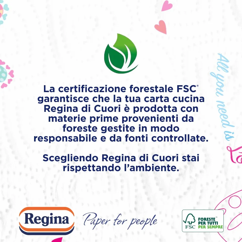 Regina di Cuori Carta Cucina 30 Rotoli 2 Veli 50 Fogli Assorbenza Spessa Resistente FSC