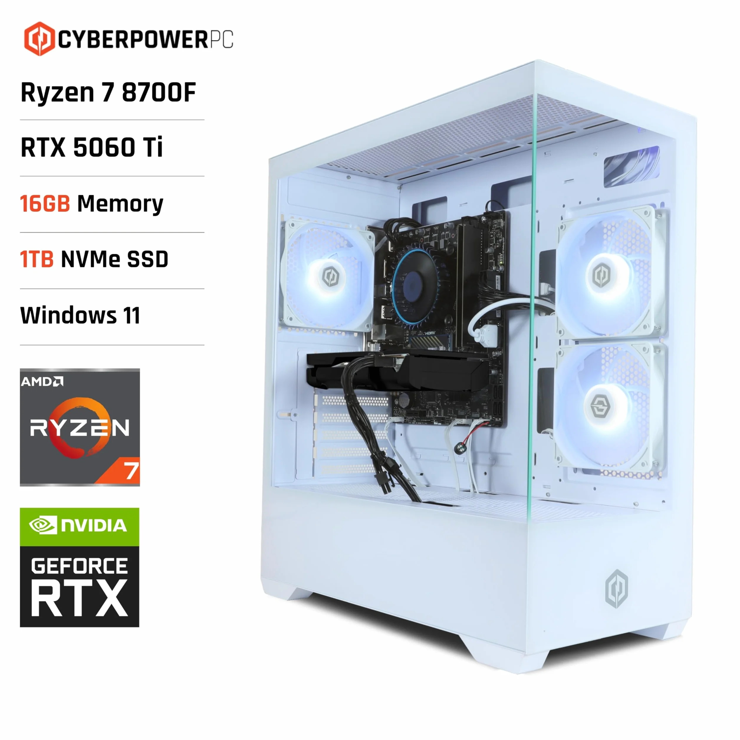 CyberpowerPC Wyvern Gaming PC - AMD Ryzen 7 8700F, Nvidia RTX 5060 Ti 8GB, 16GB RAM, 1TB NVMe SSD, 650W 80+ PSU, Wi-Fi, Windows 11, Prism Panoramic RGB White