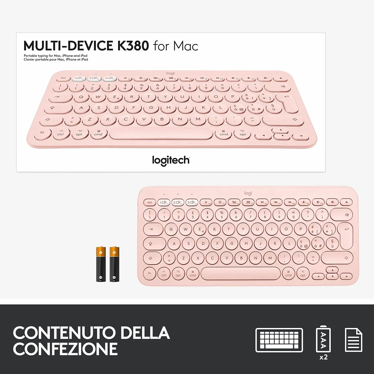 Logitech K380 Tastiera Bluetooth Multidispositivo per Mac, Rosa, Layout Qwerty Italiano, Compatta