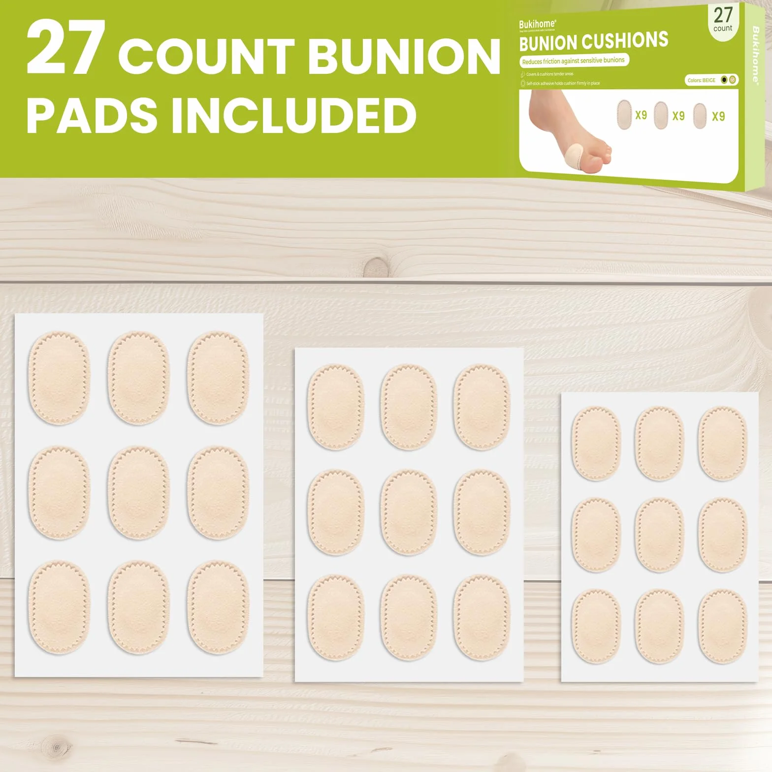 Bukihome Cuscinetti per bunion 27 pezzi Centro antiaderente per pelli sensibili Beige