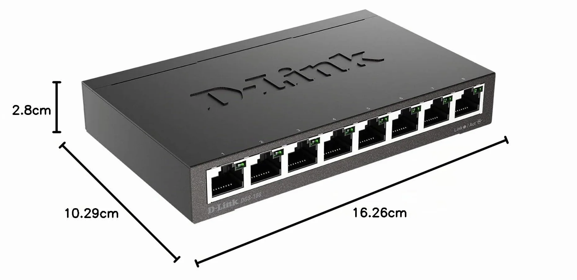 D-Link DGS-108 Switch 8 Porte Gigabit, Struttura in Metallo, Nero/Antracite