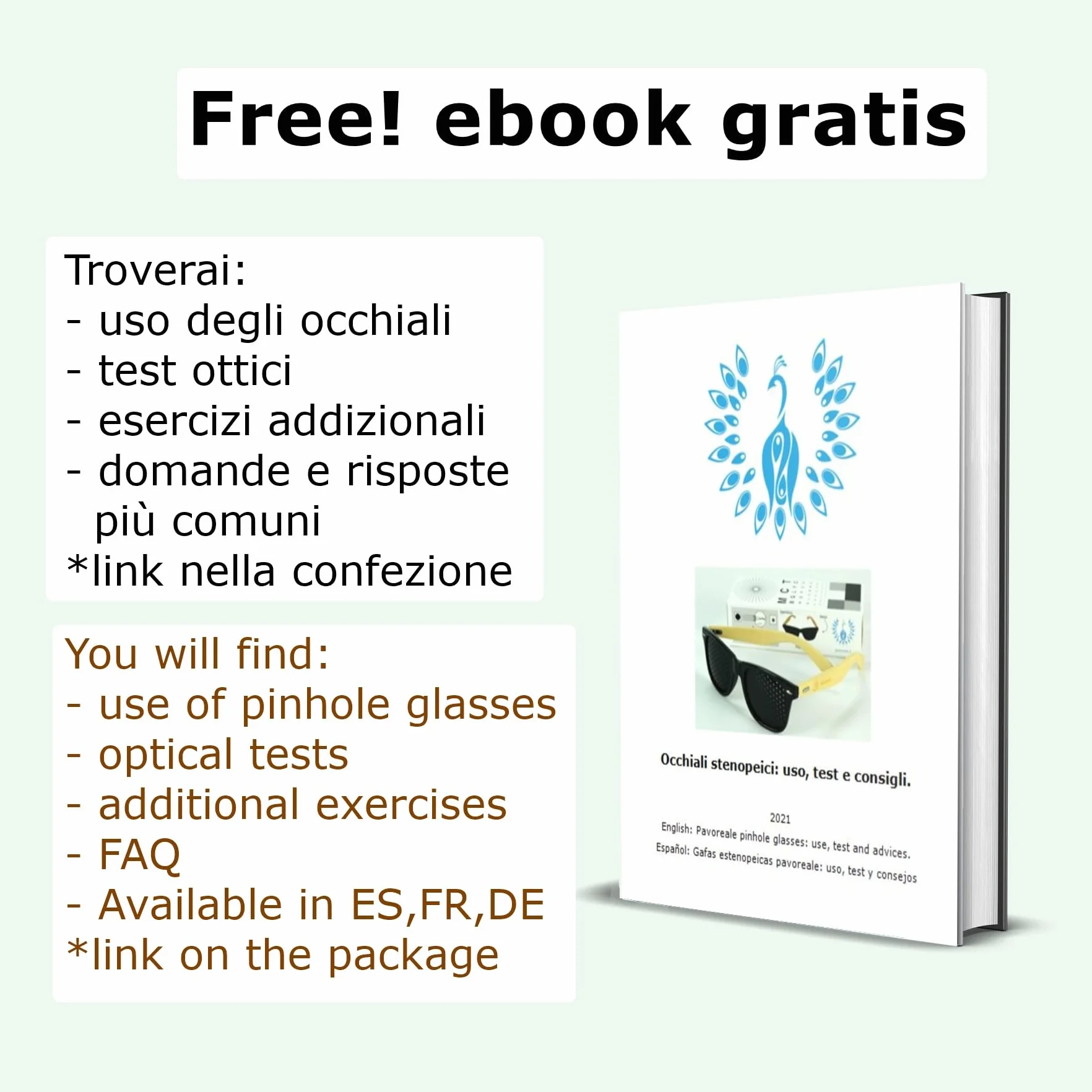 Occhiali stenopeici certificati pinhole glasses con EBOOK GRATS Bates, aste in bambù