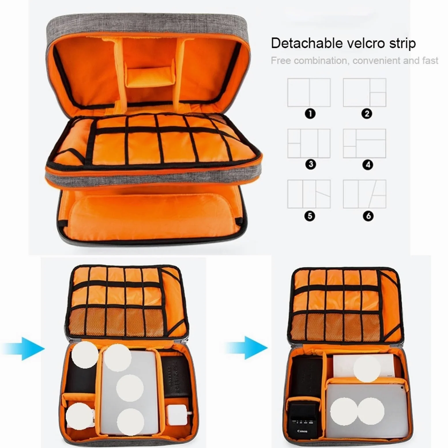 Borsa Organizer Cavi Borsa for accessori elettronici a doppio strato, con scomparti separati, strisce staccabili, custodia organizer portatile for dischi rigidi e cavi(Gray)