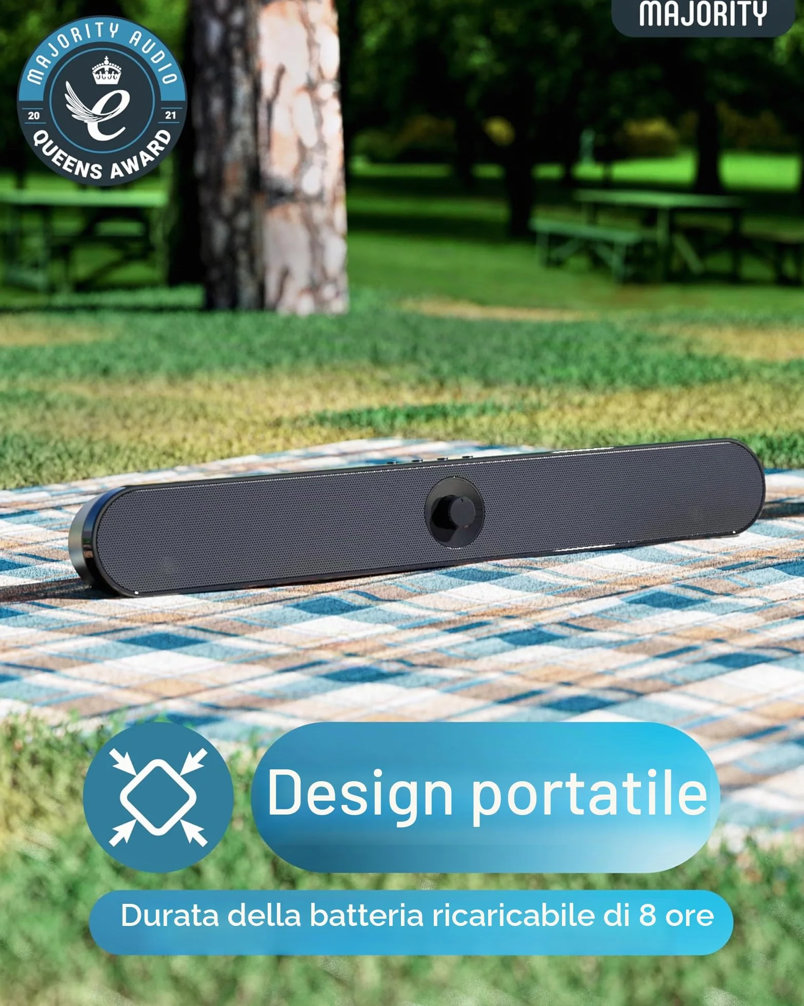 Majority Atlas Soundbar PC Portatile e Ricaricabile 20W Bluetooth AUX SD USB per Laptop TV