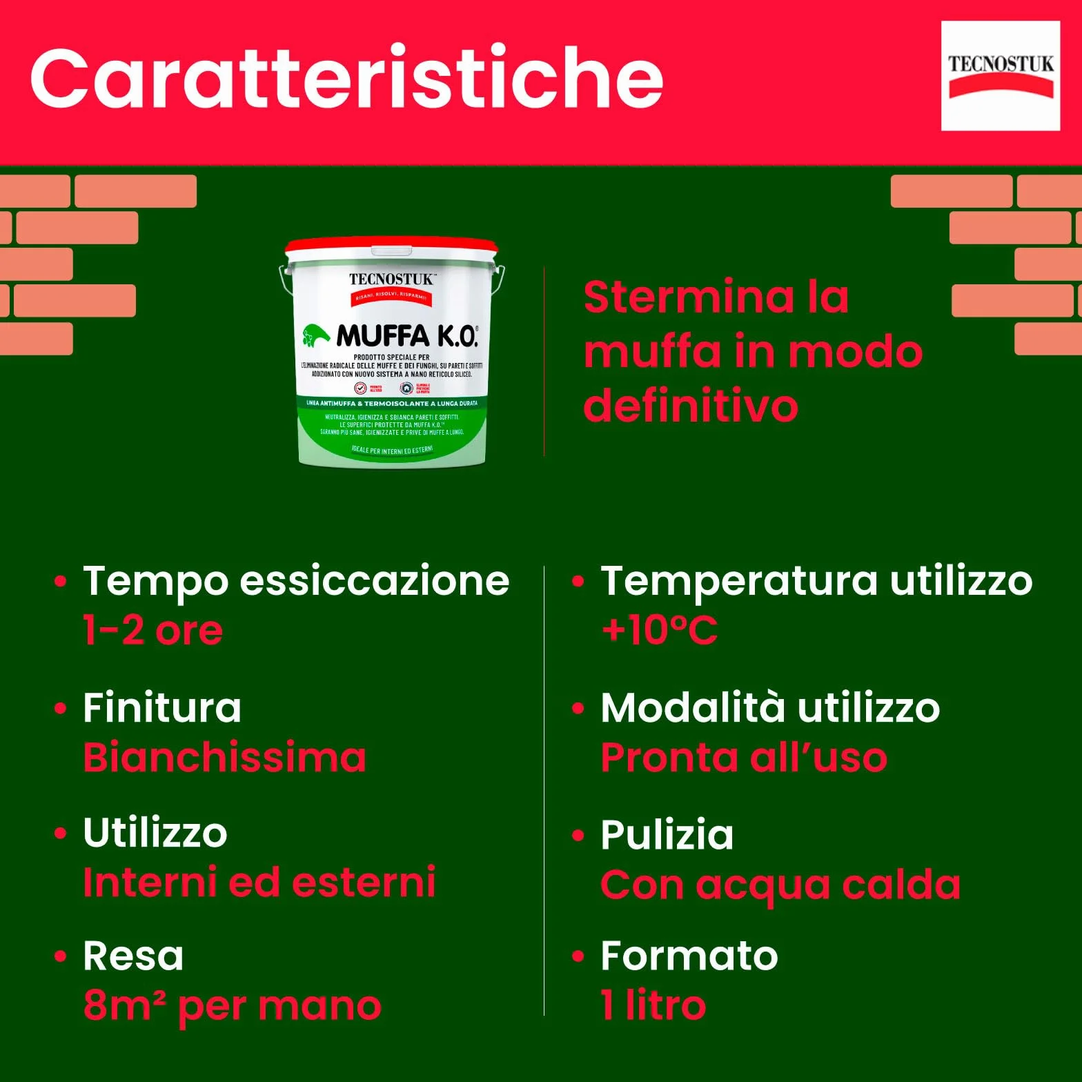 Tecnostuk Muffa K.O. Fondo Antimuffa Sbiancante Eurocali 1L + Kalorfix Fissativo Isolante Termico 1L Made in Italy
