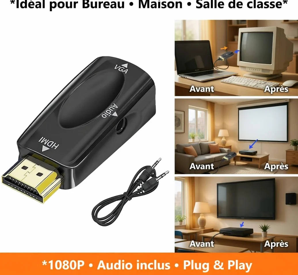 Adattatore HDMI a VGA, Connettore HDMI a Presa Vga con 3,5 mm Audio Jack Cavo Adattatore HDMI maschio a VGA Femmina per Proiettori TV Computer Portatili Notebooks