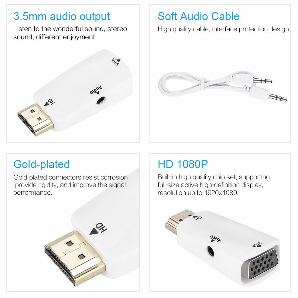 Garsent Adattatore HDMI a VGA 1080P Adattatore convertitore Femmina a VGA Femmina con Cavo di Uscita Audio 3,5 mm(Bianca)