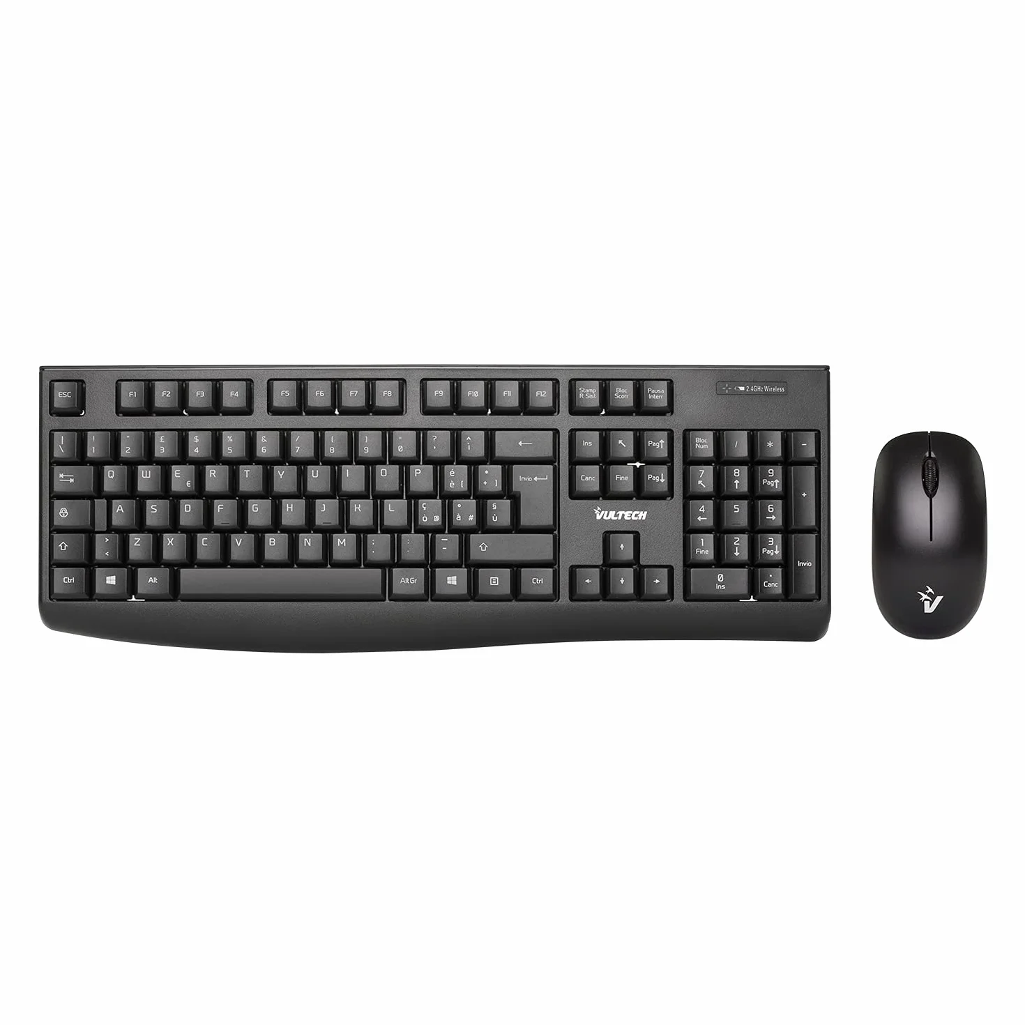 Vultech KM-821W Kit Tastiera e Mouse Wireless 2.4 GHz. Design ergonomico, Layout italiano, Tastierino numerico, tasti silenziosi, per PC/Laptop, Nero. Compatibile con Windows, Linux