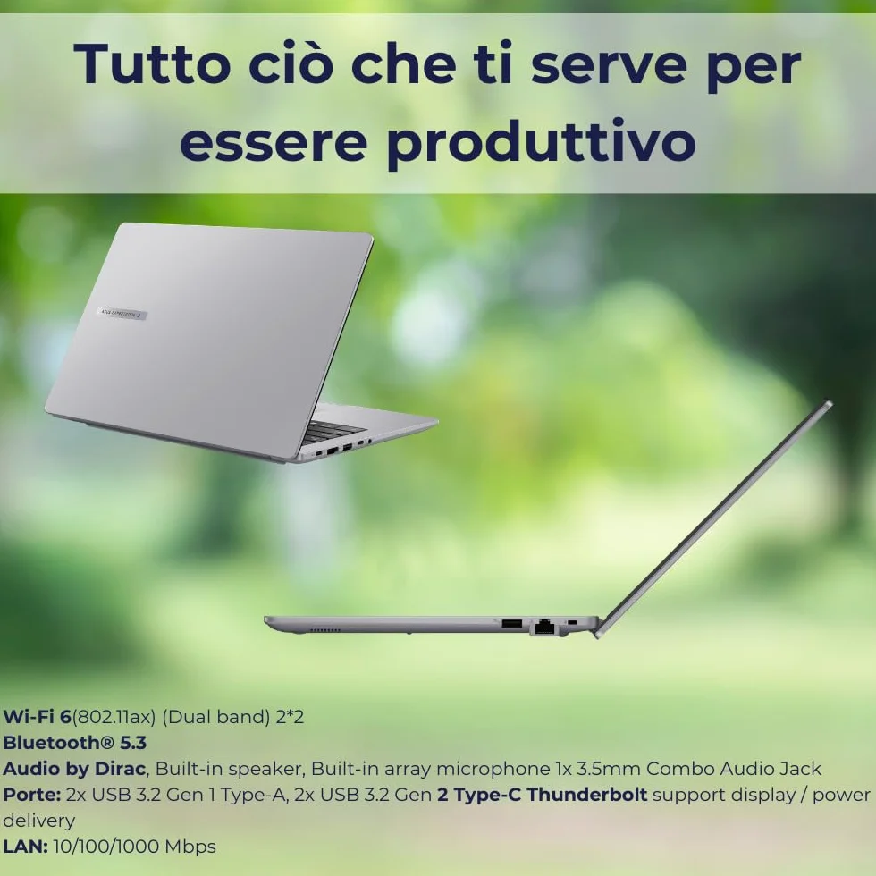 Asus Expertbook P1 Pc Portatile, Notebook Intel Core 5 210H, 16GB RAM DDR5, 512GB SSD, Display 14" FHD Antiriflesso, USB-C Gen2, Gigabit LAN, Wi-Fi 6, Bluetooth 5.4, Fingerprint, 24 Mesi Garanzia, W11