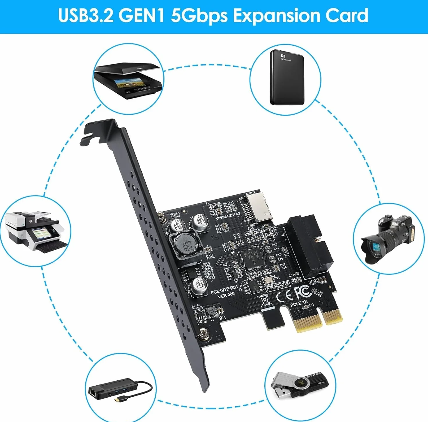 Connettore da pannello frontale PCI-E 1X a USB 3.2 GEN1 5 Gbps a 20 pin (all'intestazione del pannello frontale di tipo C),Scheda di espansione con presa USB 3.0 a 19pin