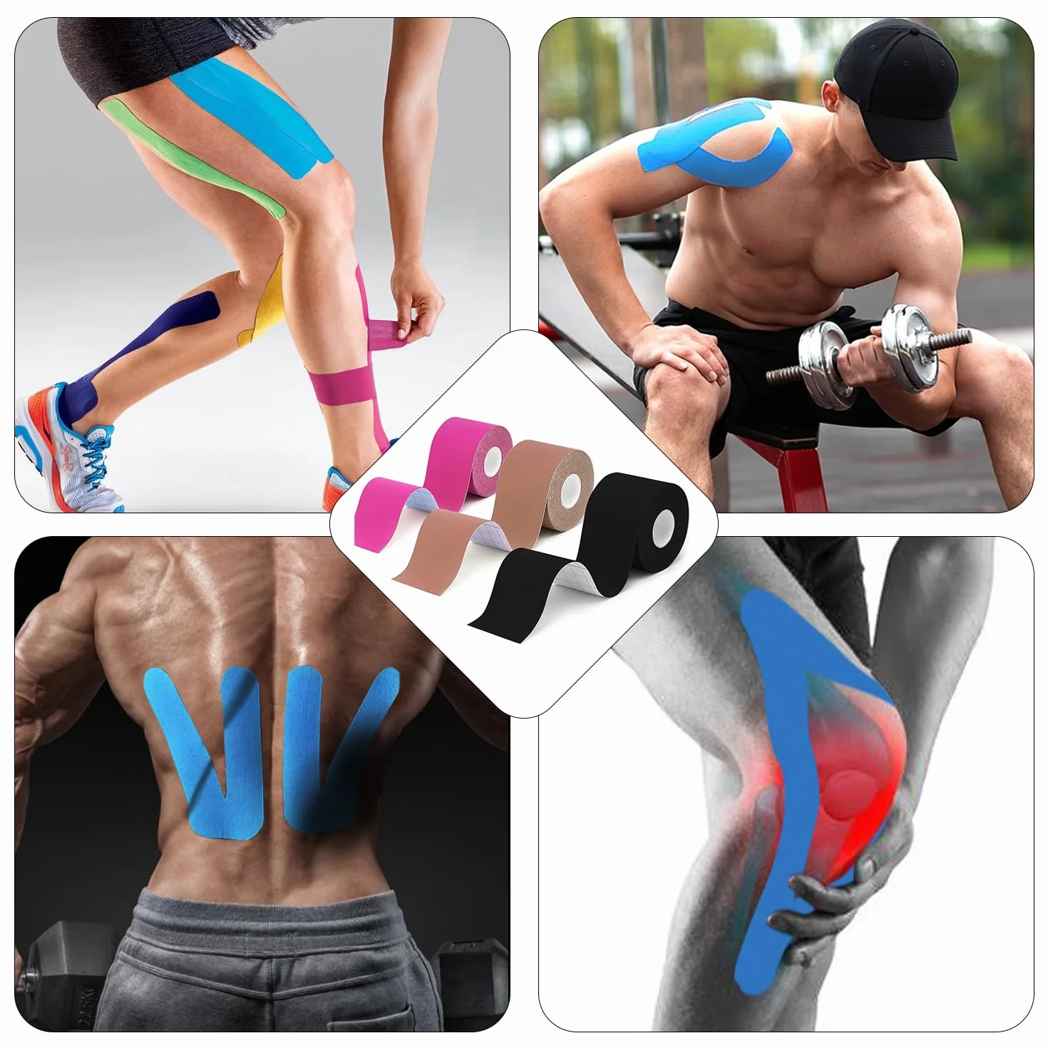 Kinesio Tape 3 Rotoli 5m x 5cm Impermeabile Elastico Nero+Blu+Rosa