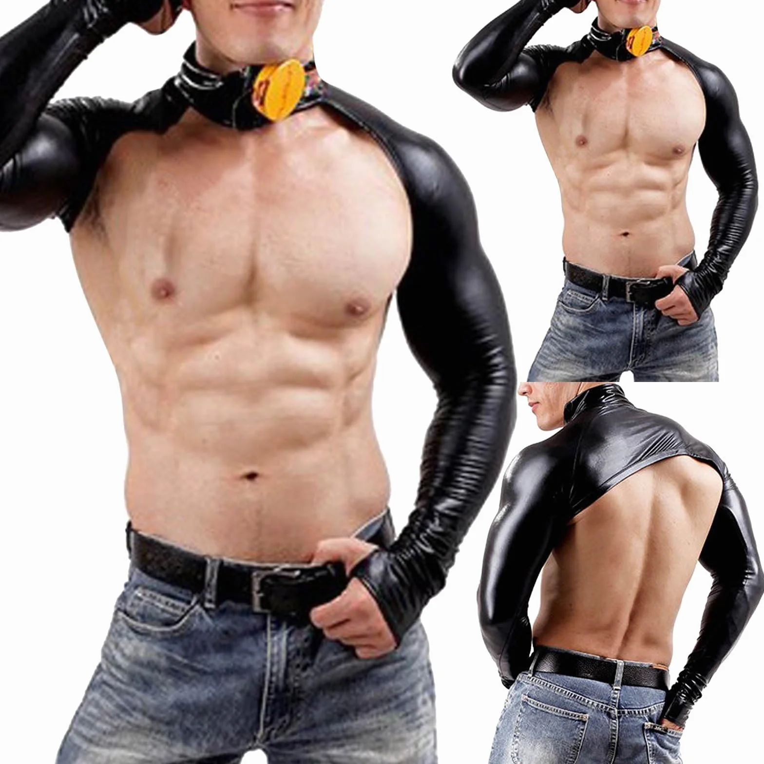 Uomini Crop Top Manica Lunga in Pelle Lucida Lattice Nero Discoteca Club Abbigliamento